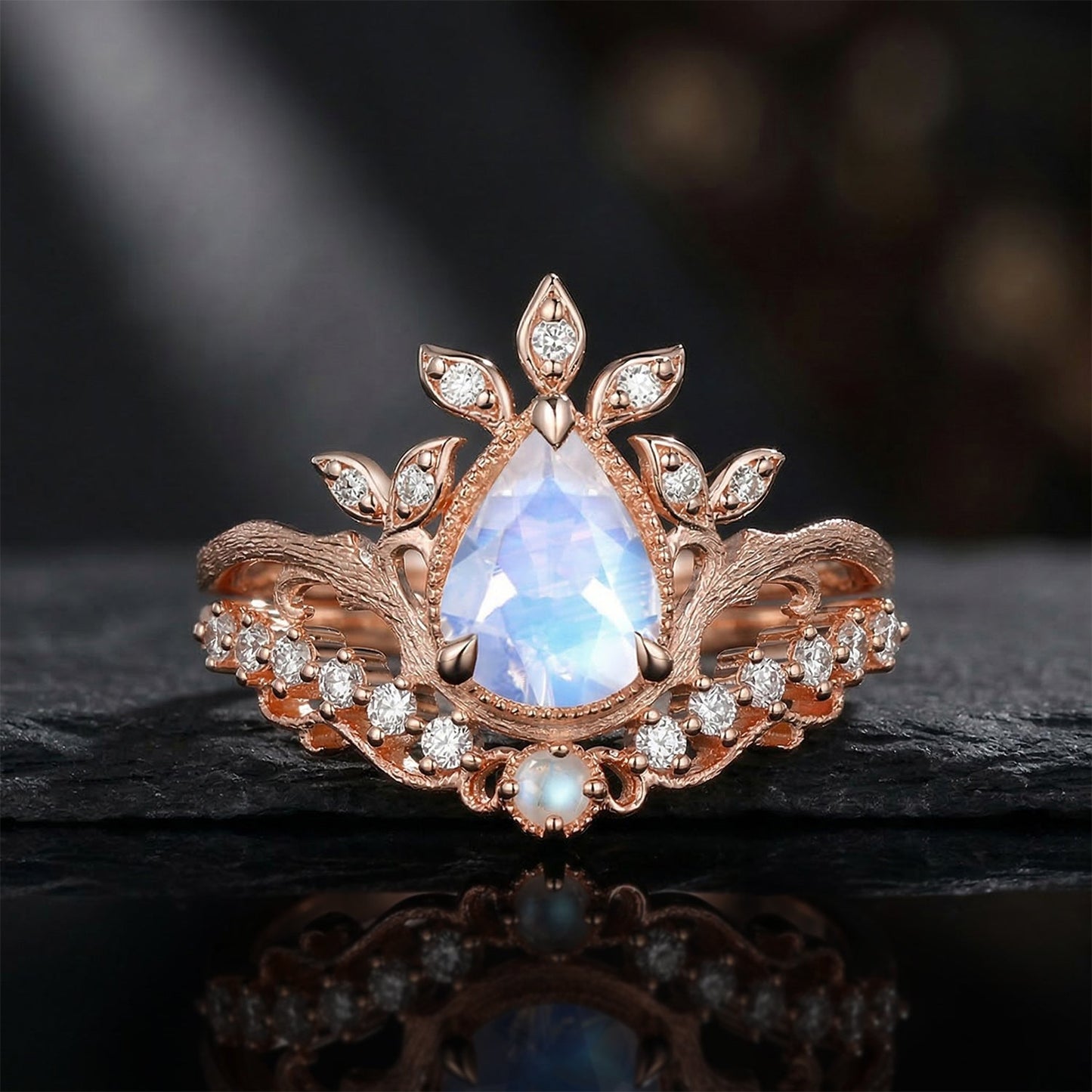 Nature Inspired Vintage Pear Shaped Moonstone Garden Ring Set 2pcs