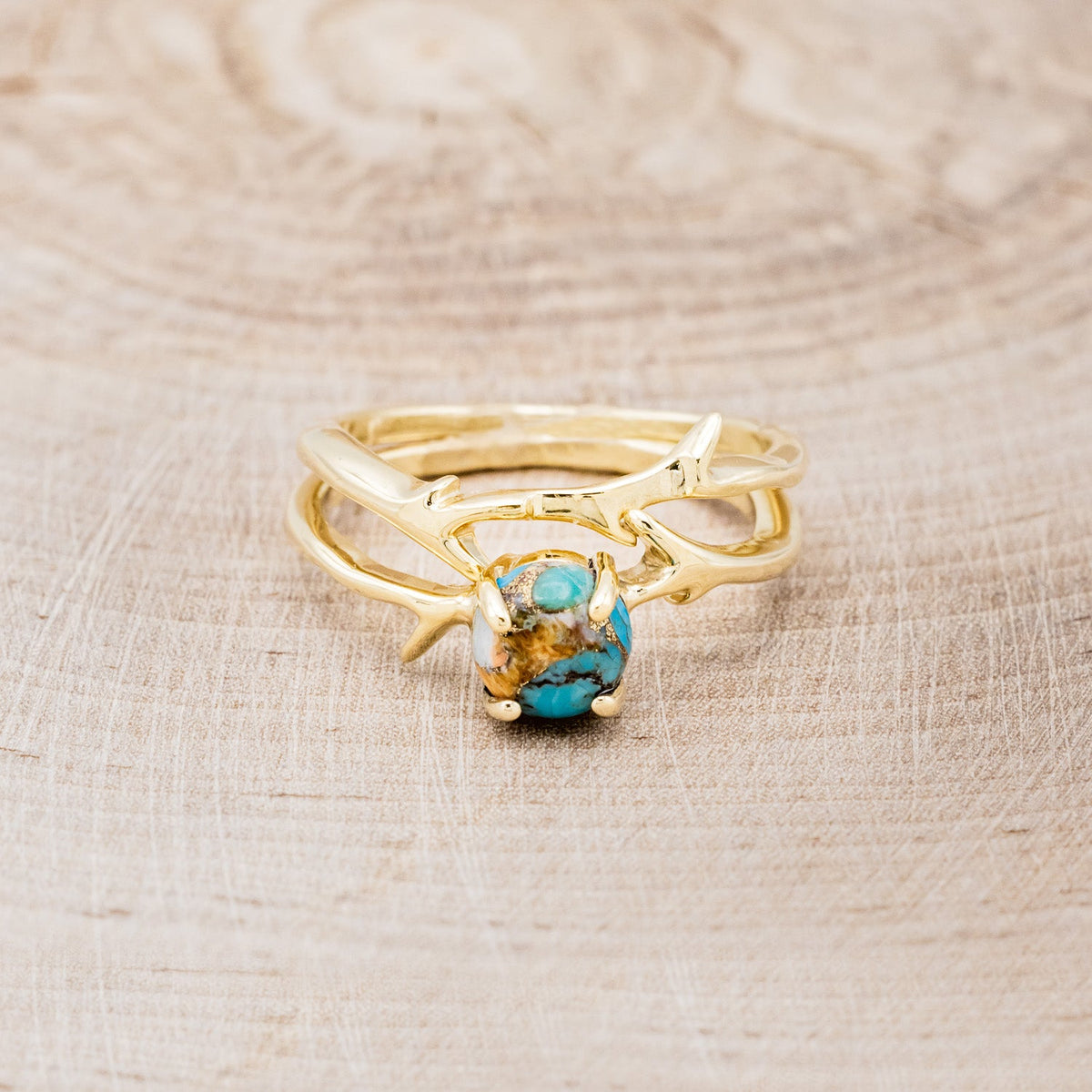 "Artemis" - Spiny Turquoise Engagement Ring With An Antler-Style Stacking Band