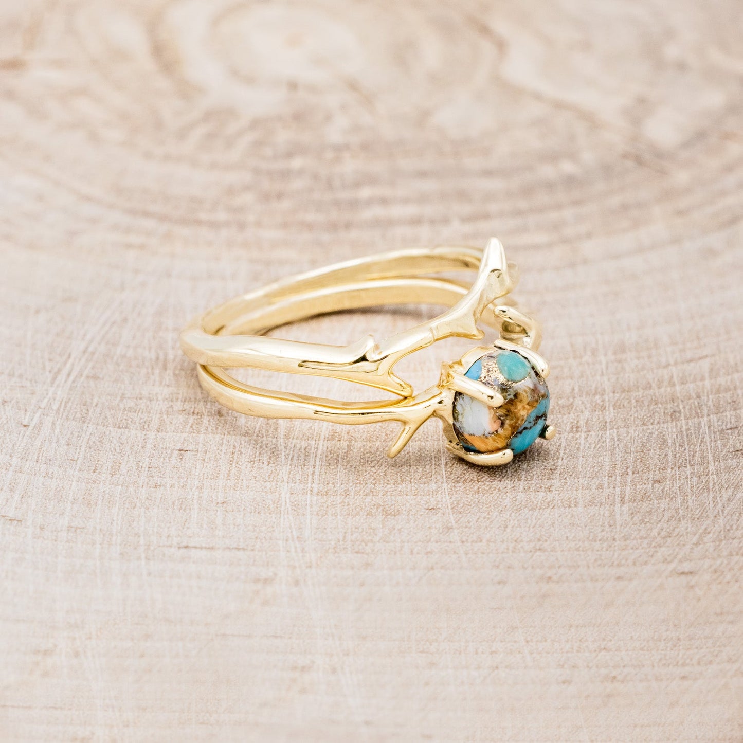 "Artemis" - Spiny Turquoise Engagement Ring With An Antler-Style Stacking Band