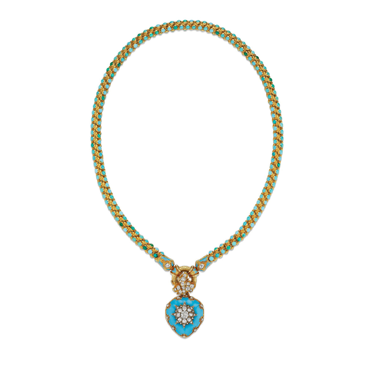 Turquoise, Diamond and Enamel Serpent and Heart Locket Necklace