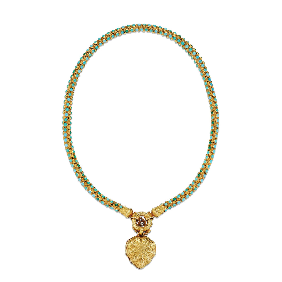 Turquoise, Diamond and Enamel Serpent and Heart Locket Necklace