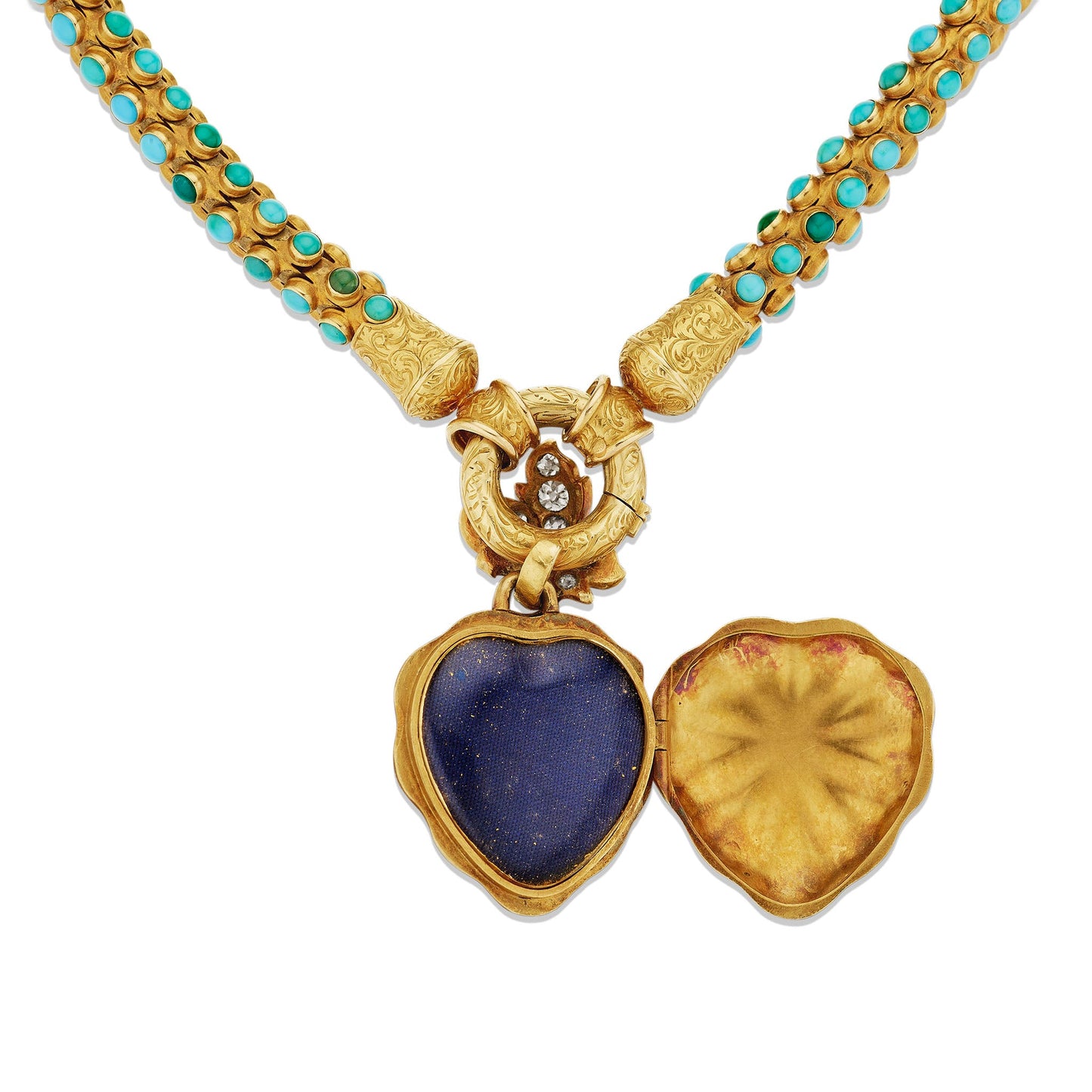Turquoise, Diamond and Enamel Serpent and Heart Locket Necklace