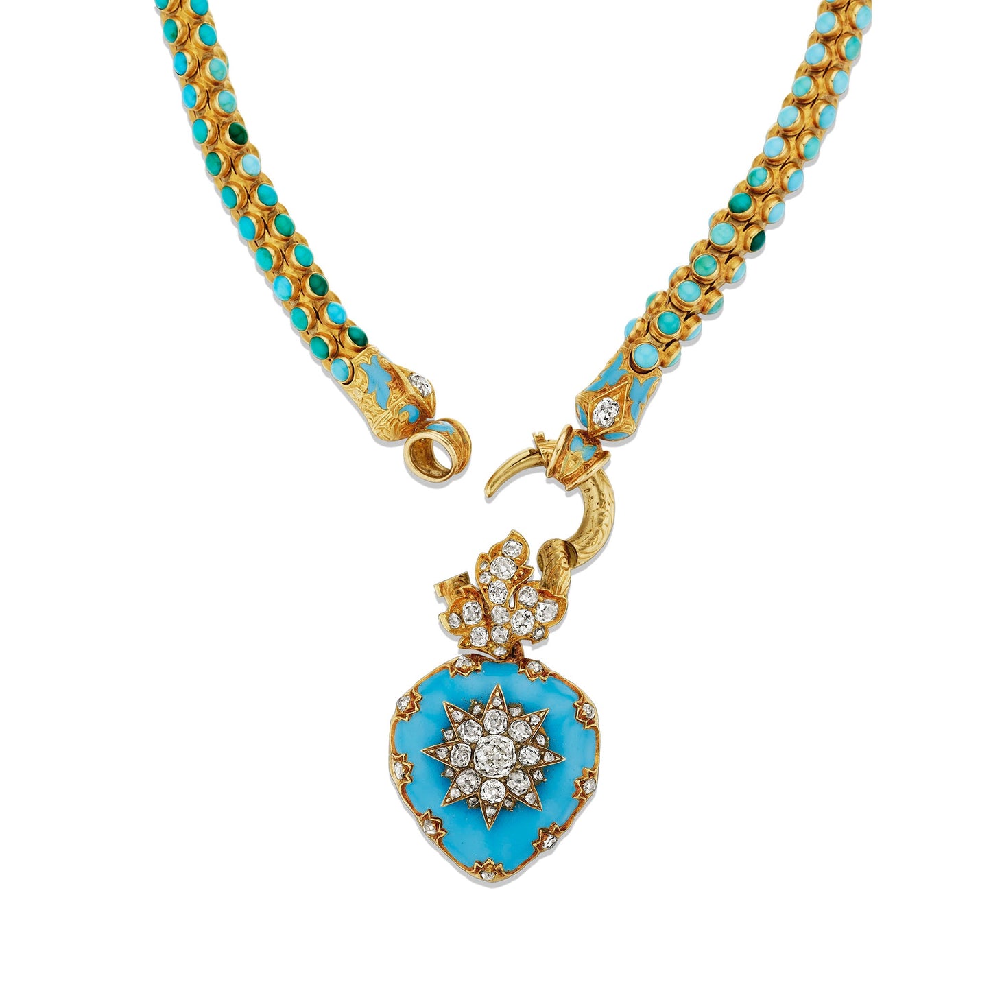 Turquoise, Diamond and Enamel Serpent and Heart Locket Necklace