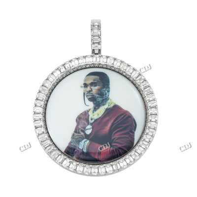 Memory Photo Round Moissanite Silver Diamond Pendant