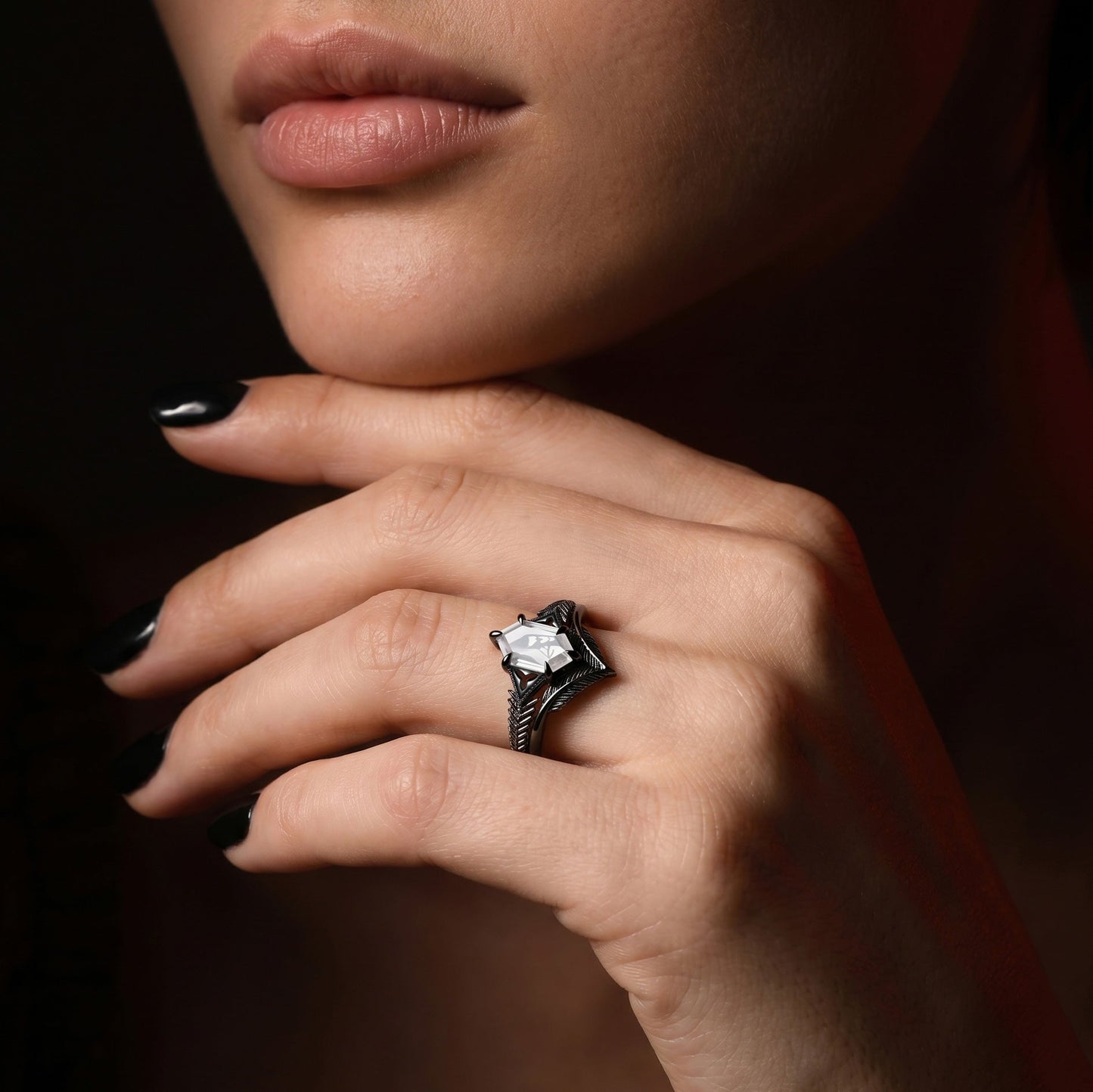 Gothic Style Dark Crow Inspired 'Caged Bird' Long Hexagon Cut Moissanite Halloween Engagement Ring Bridal Sets 2pcs