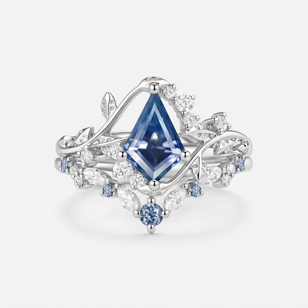 Luminous Reverie - Kite Cut Blue Moissanite Leaf Dainty Engagement Ring Set 2pcs - Soraya