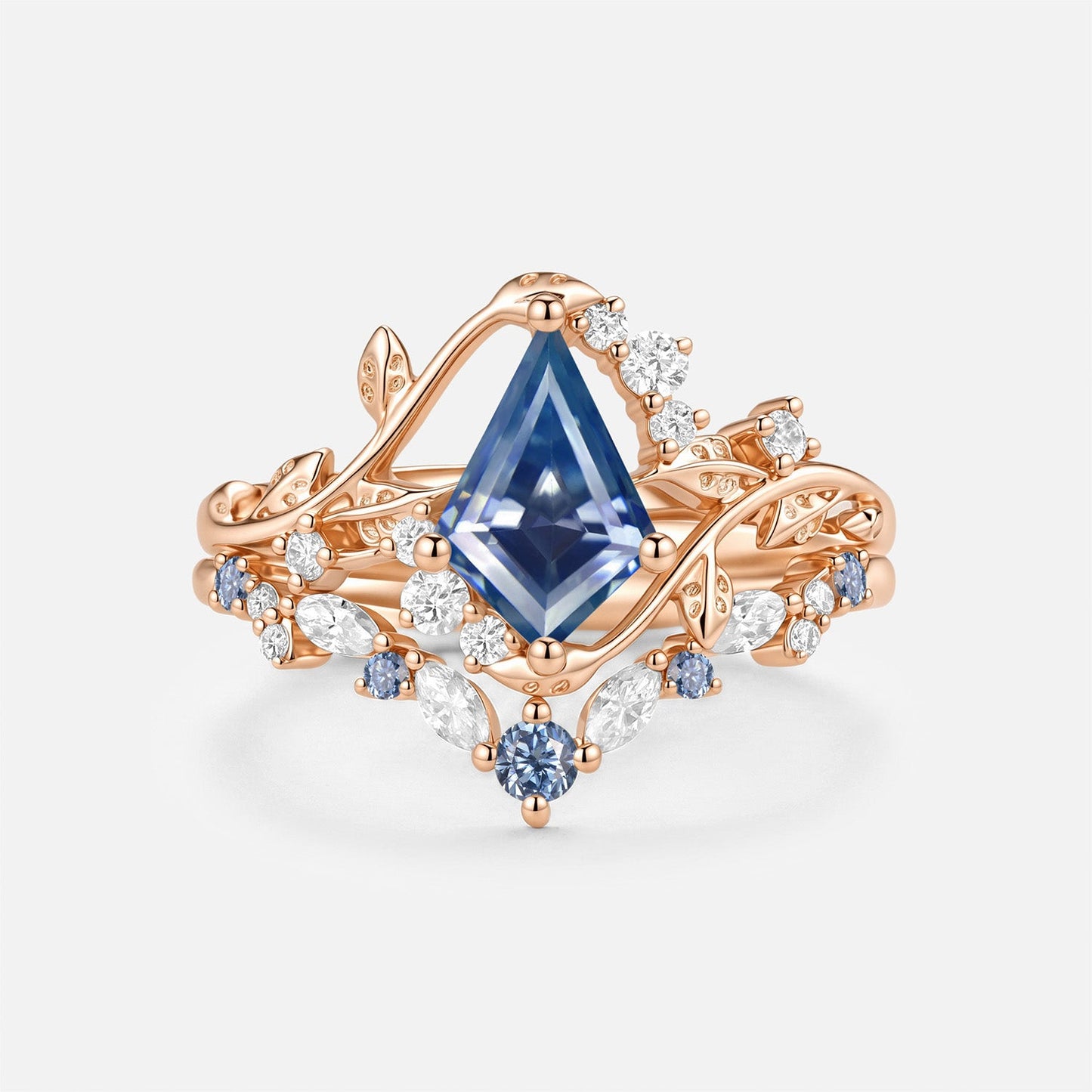 Luminous Reverie - Kite Cut Blue Moissanite Leaf Dainty Engagement Ring Set 2pcs - Soraya