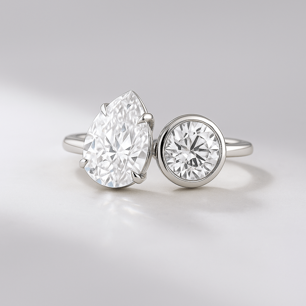 2.20 Carat Pear & Bezel Set Round Toi Et Moi Art Deco Engagement Ring