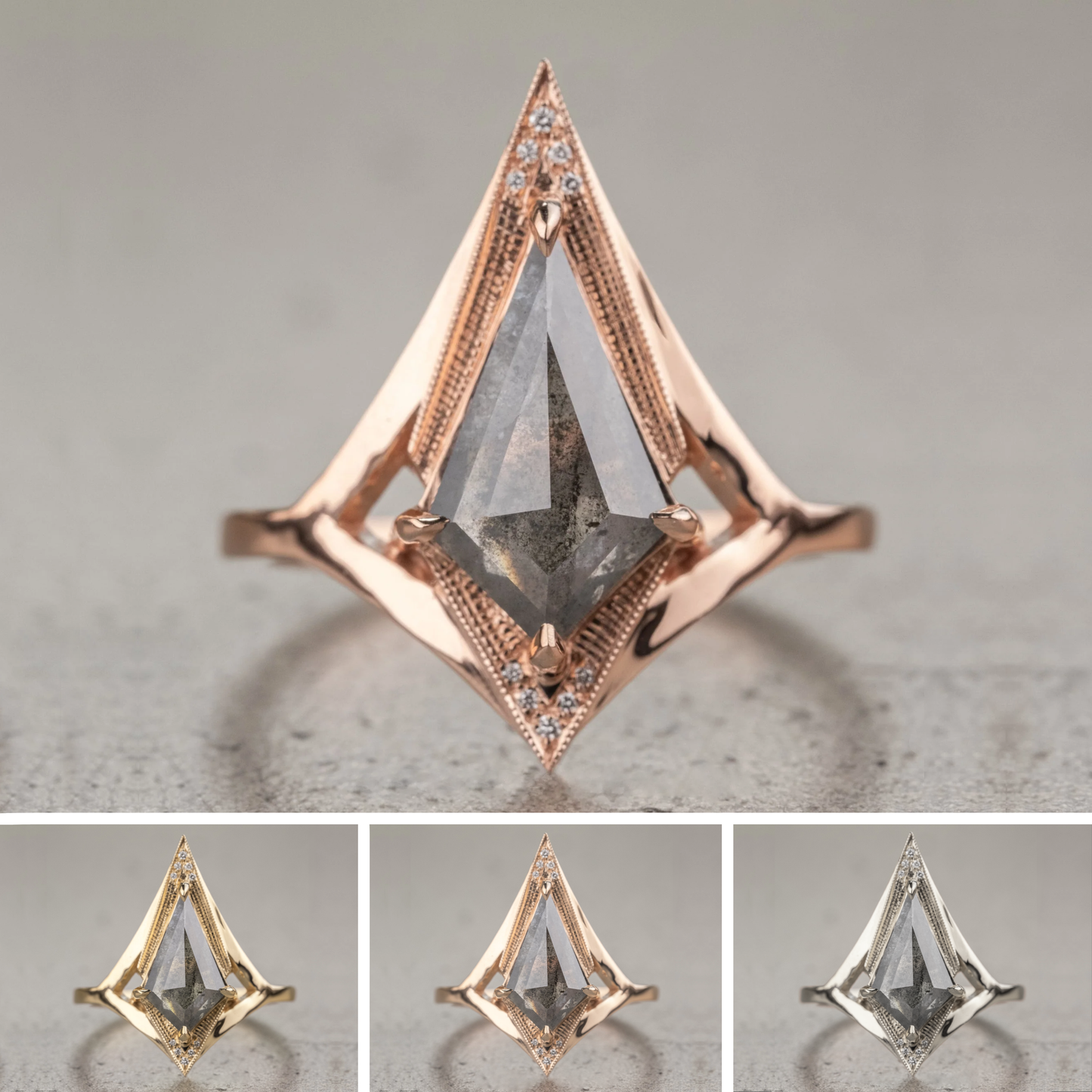 1.79 Carat Salt and Pepper Kite Diamond Engagement Ring, Arwen Setting