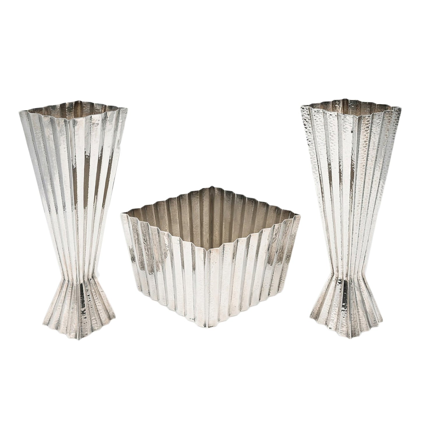 Josef Hoffmann Hammered Silver Centerpiece and Pair of Vases