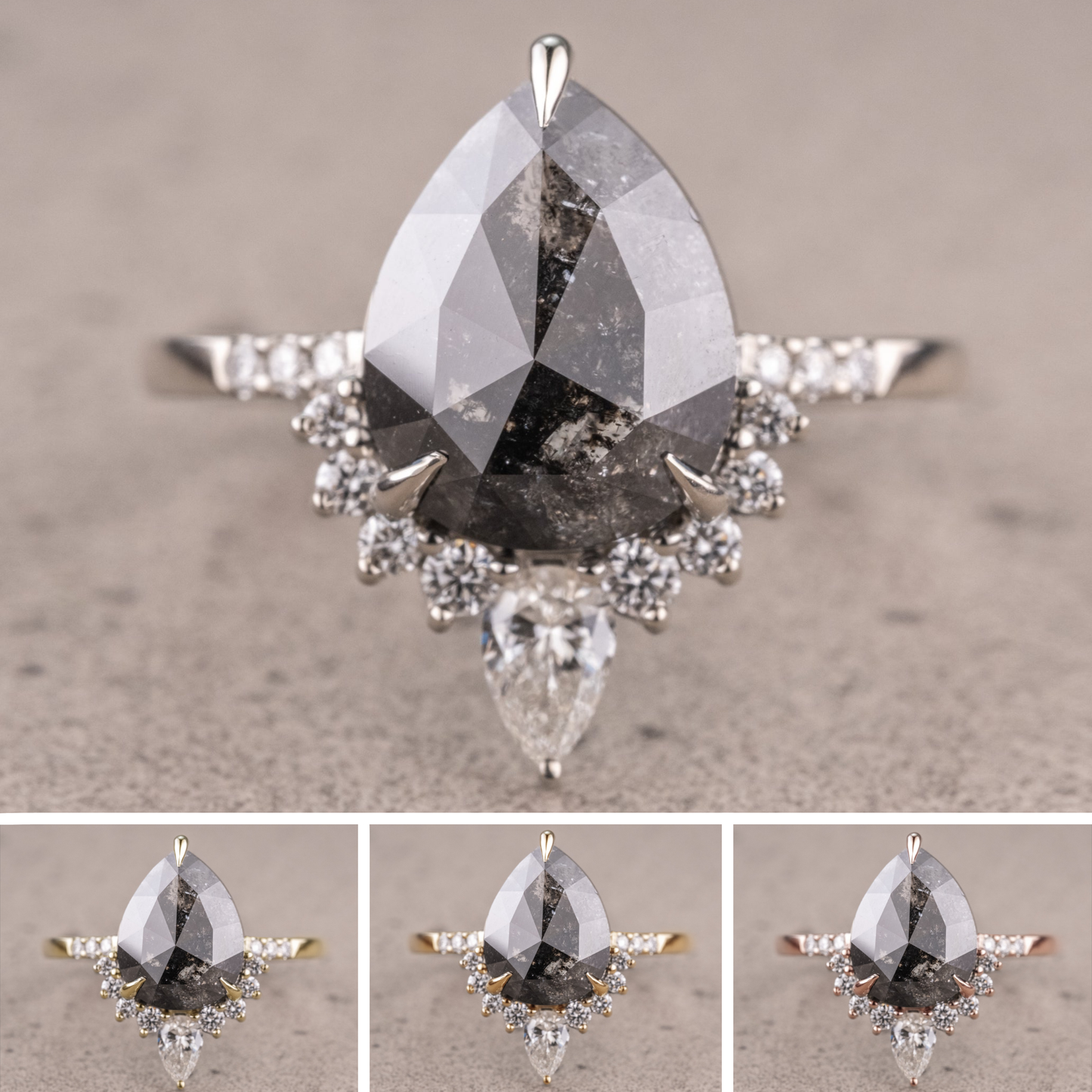 3.20 Carat Black Salt and Pepper Pear Diamond Engagement Ring, Avaline Setting