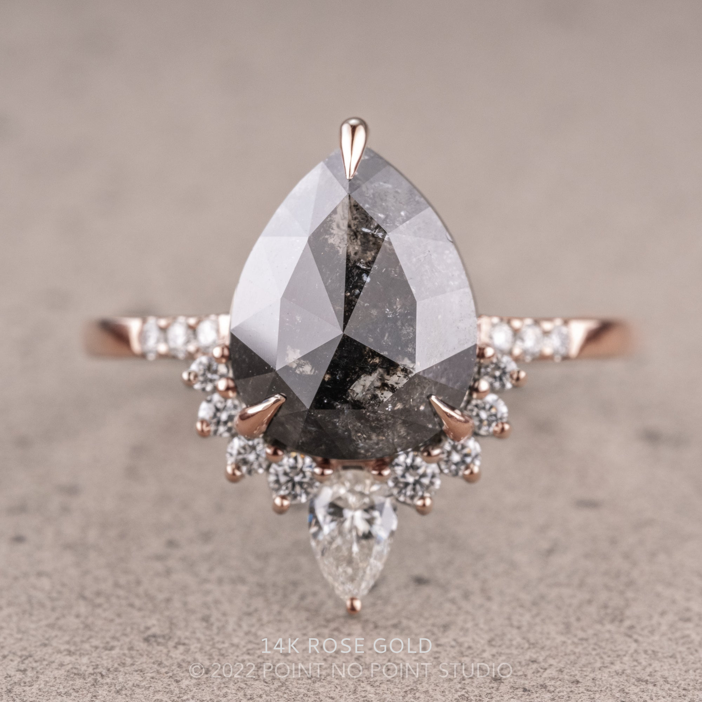 3.20 Carat Black Salt and Pepper Pear Diamond Engagement Ring, Avaline Setting