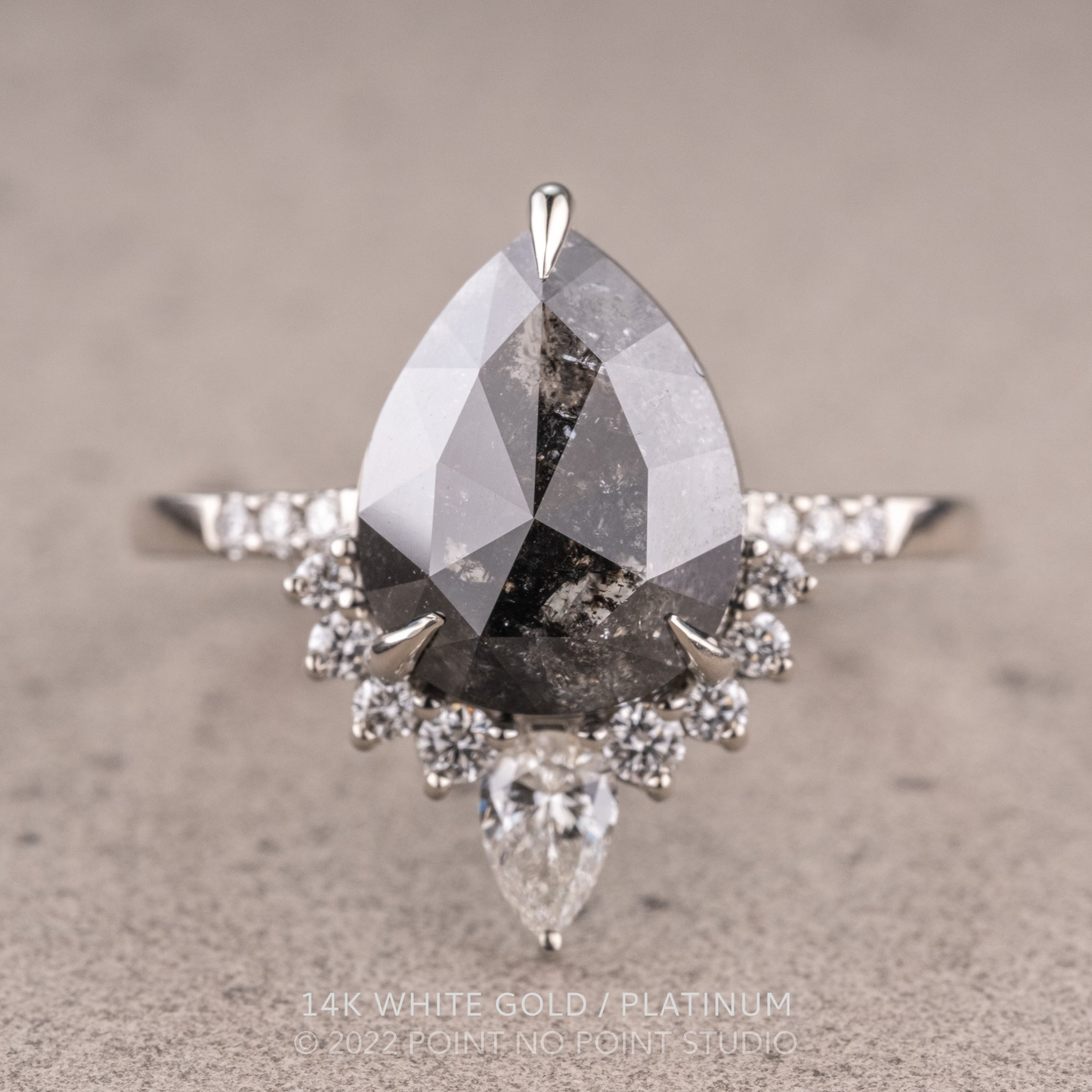 3.20 Carat Black Salt and Pepper Pear Diamond Engagement Ring, Avaline Setting