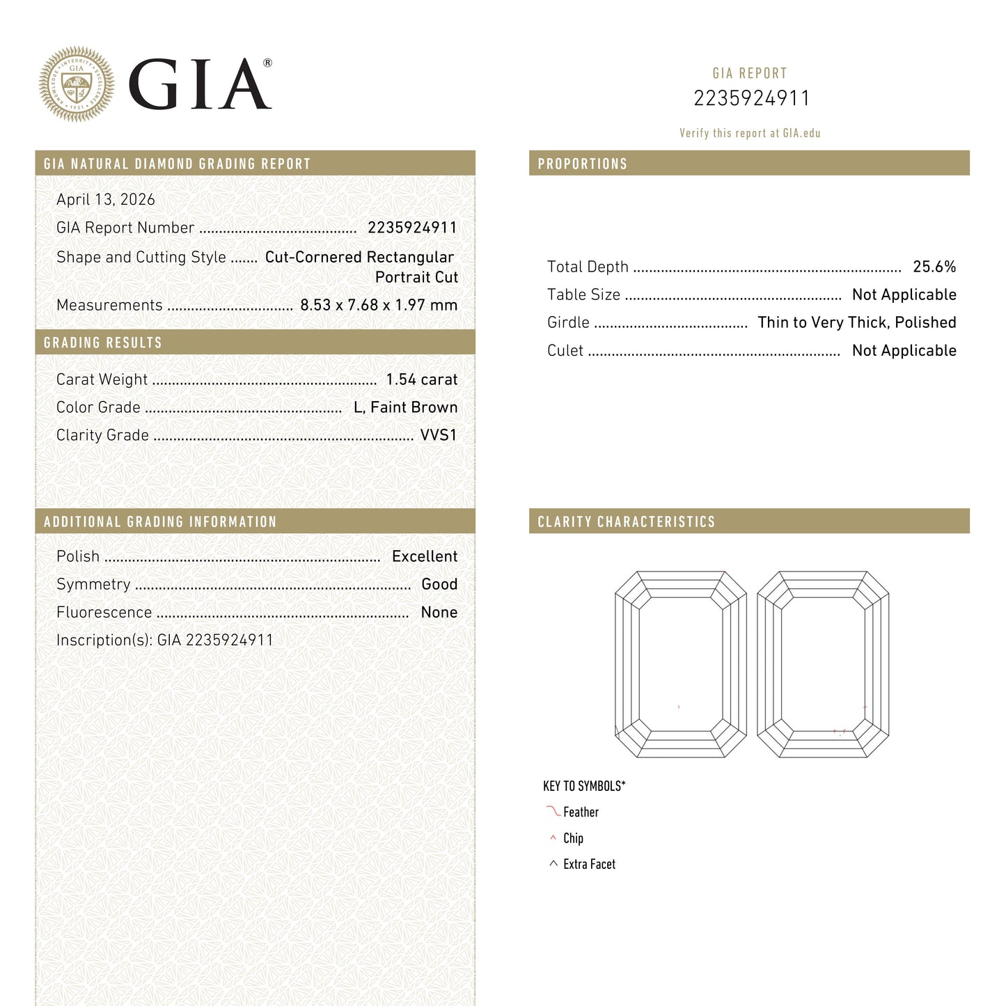 1.54ct 8.53x7.68x1.97mm GIA VVS1 L Cut Corner Rectangle Portrait Cut 28016-01