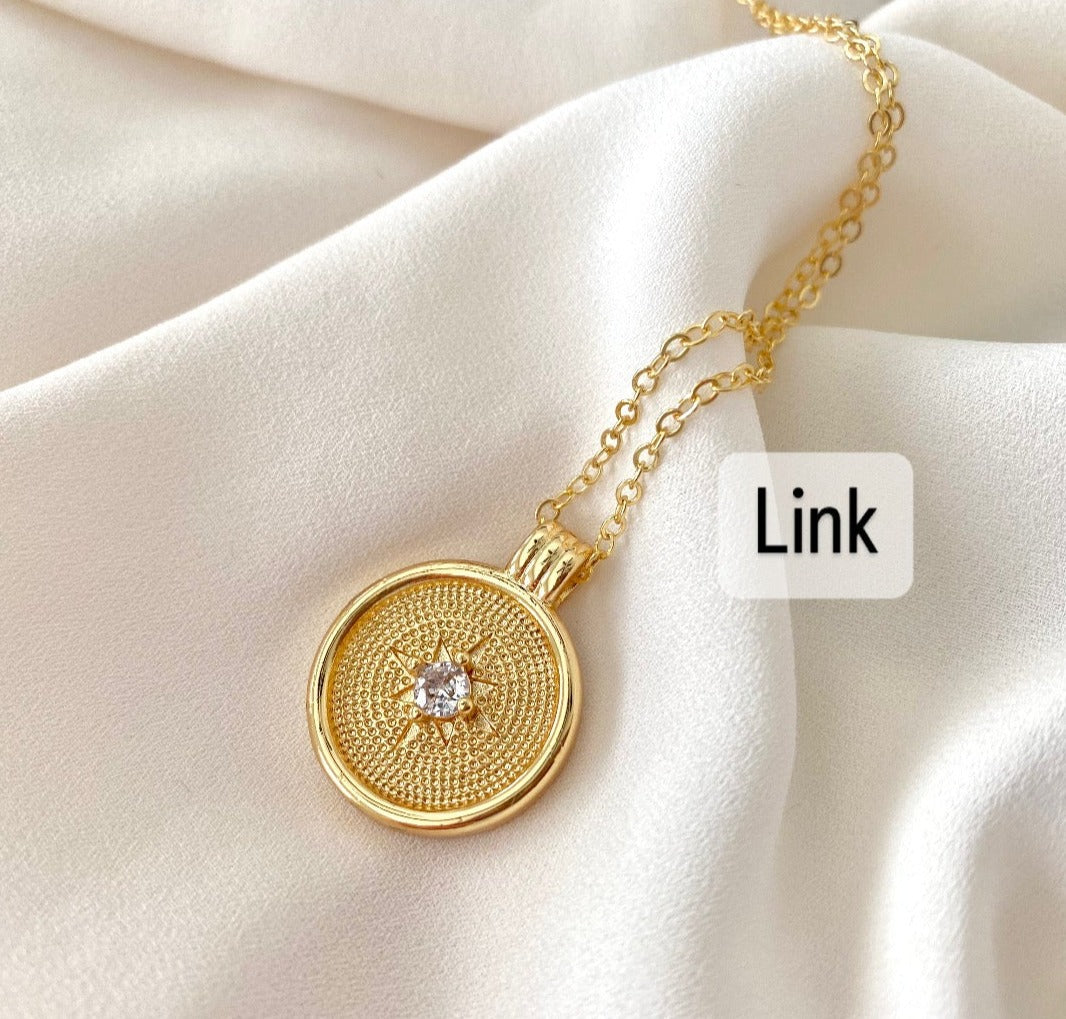Gold Coin Necklace with CZ Crystal Charm Gold Filled Medallion Necklace Dainty Paperclip Figaro Chain Minimalist Layering Necklace Gift Idea