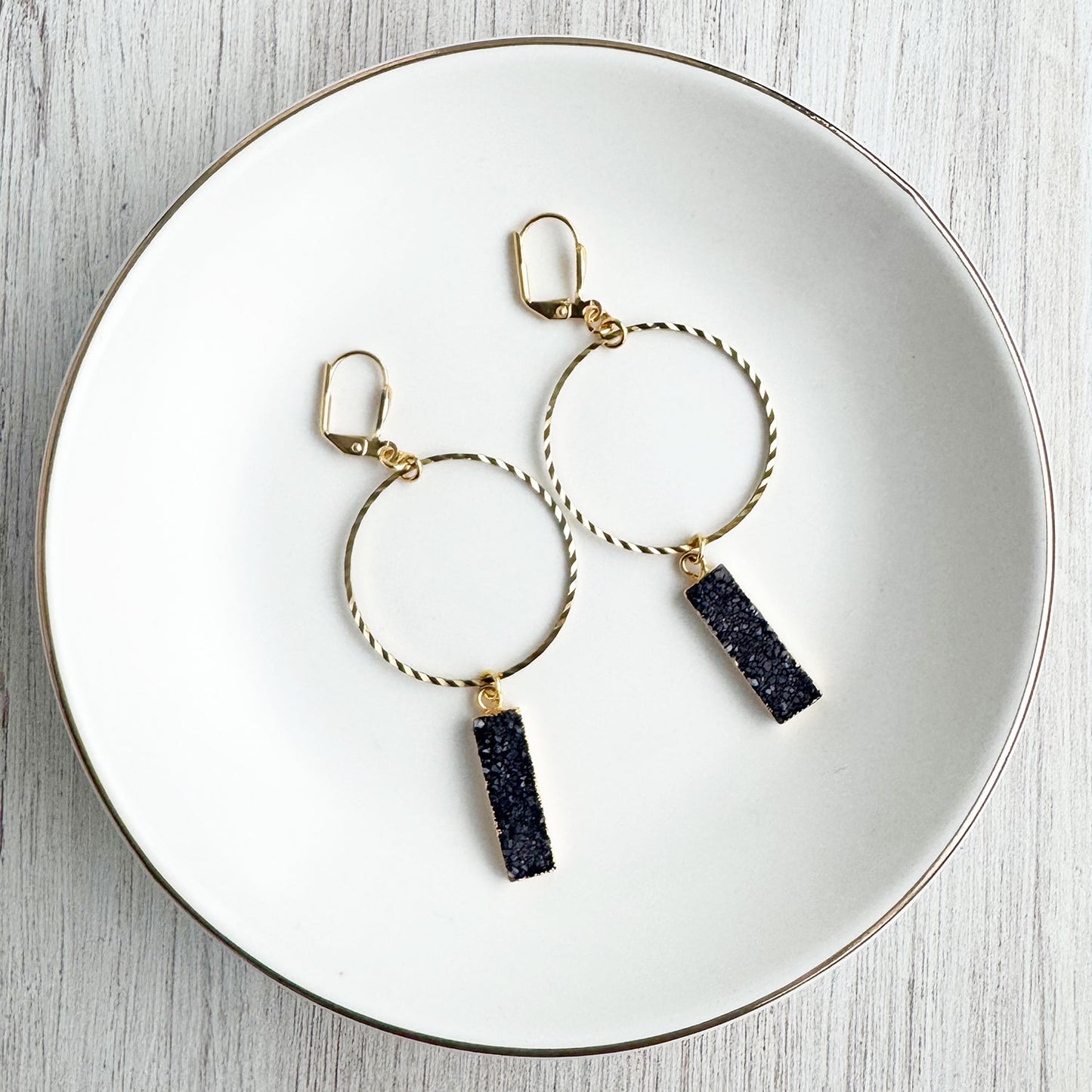 Hammered Brass Hoop and Black Druzy Earrings