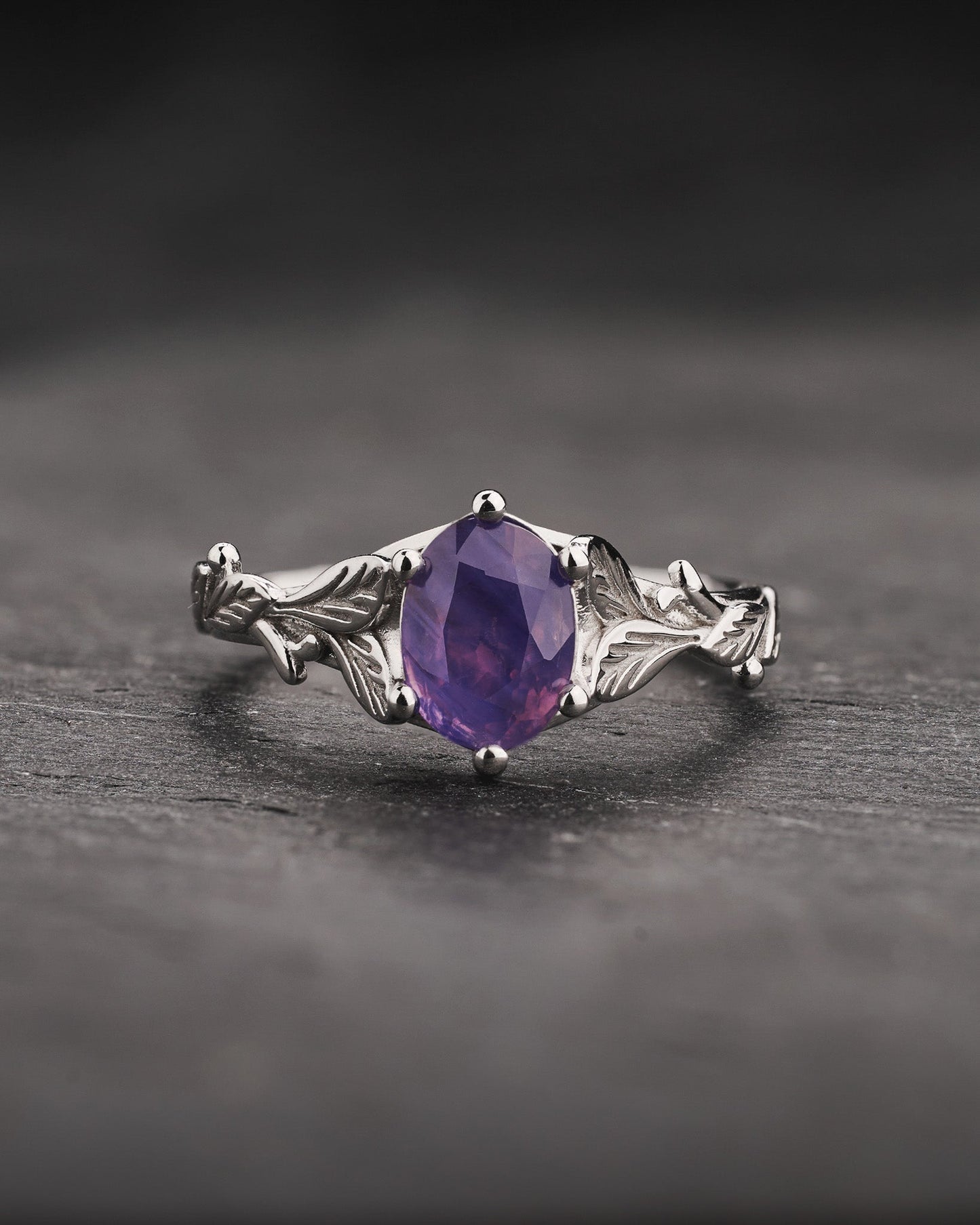 READY TO SHIP Freesia Engagement Ring with Oval Opalescent Pinkish-purple Sapphire, 14K white gold, RING SIZES 5.5 - 8.5 US