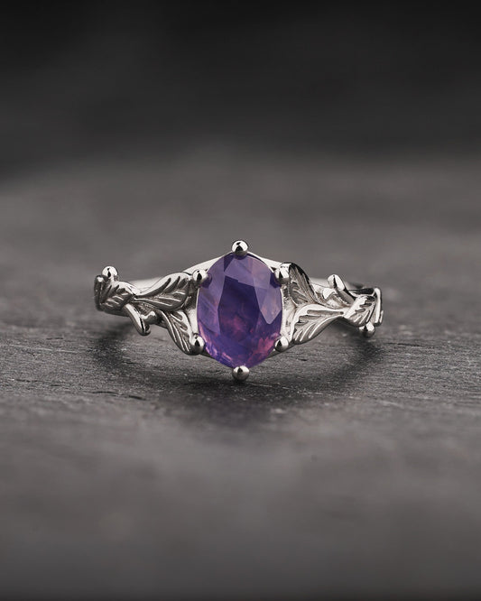 READY TO SHIP Freesia Engagement Ring with Oval Opalescent Pinkish-purple Sapphire, 14K white gold, RING SIZES 5.5 - 8.5 US