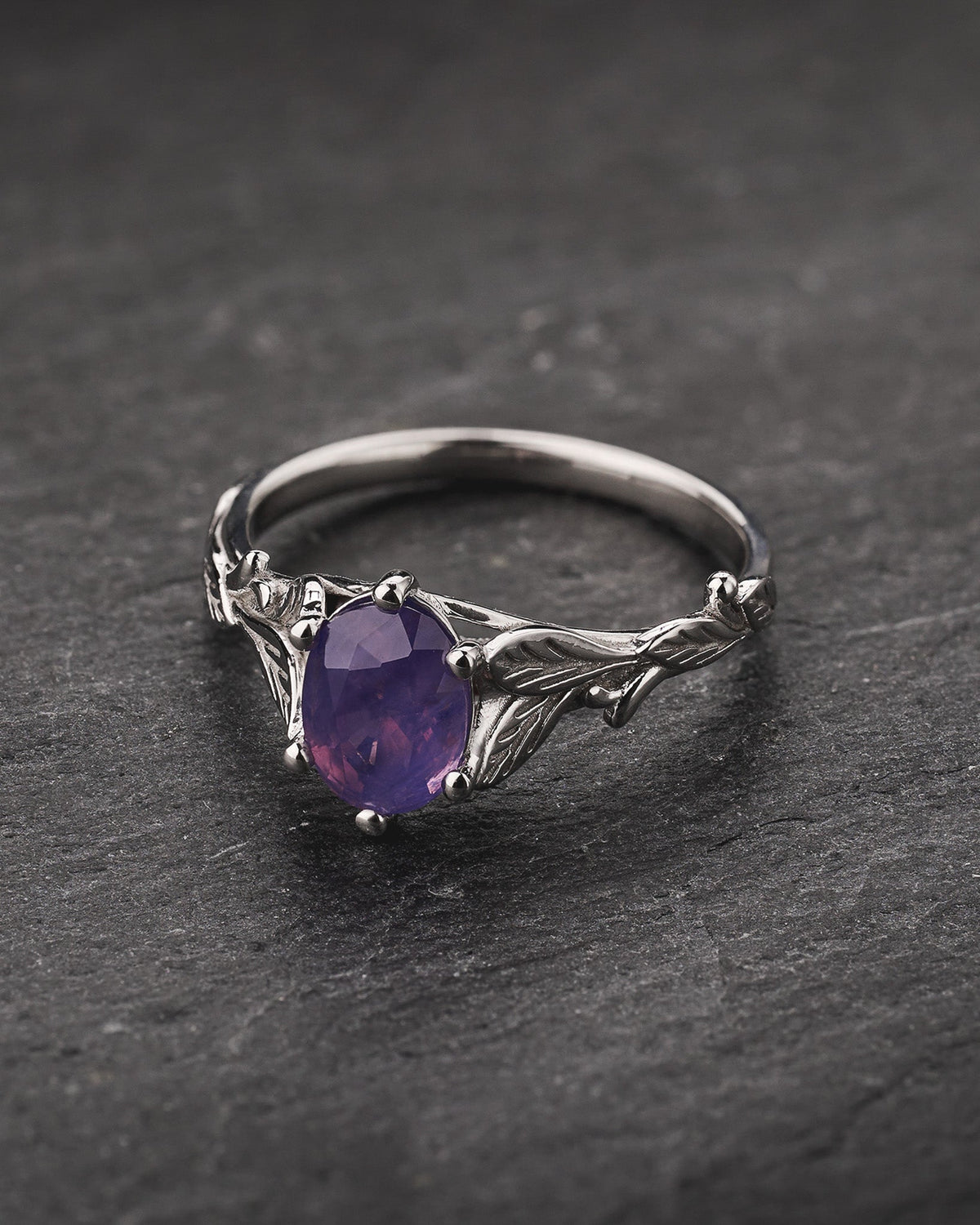 READY TO SHIP Freesia Engagement Ring with Oval Opalescent Pinkish-purple Sapphire, 14K white gold, RING SIZES 5.5 - 8.5 US