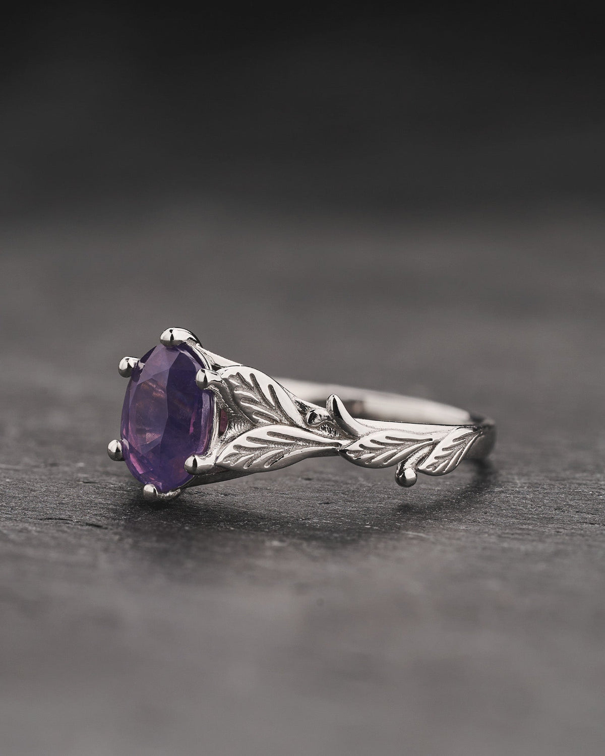 READY TO SHIP Freesia Engagement Ring with Oval Opalescent Pinkish-purple Sapphire, 14K white gold, RING SIZES 5.5 - 8.5 US