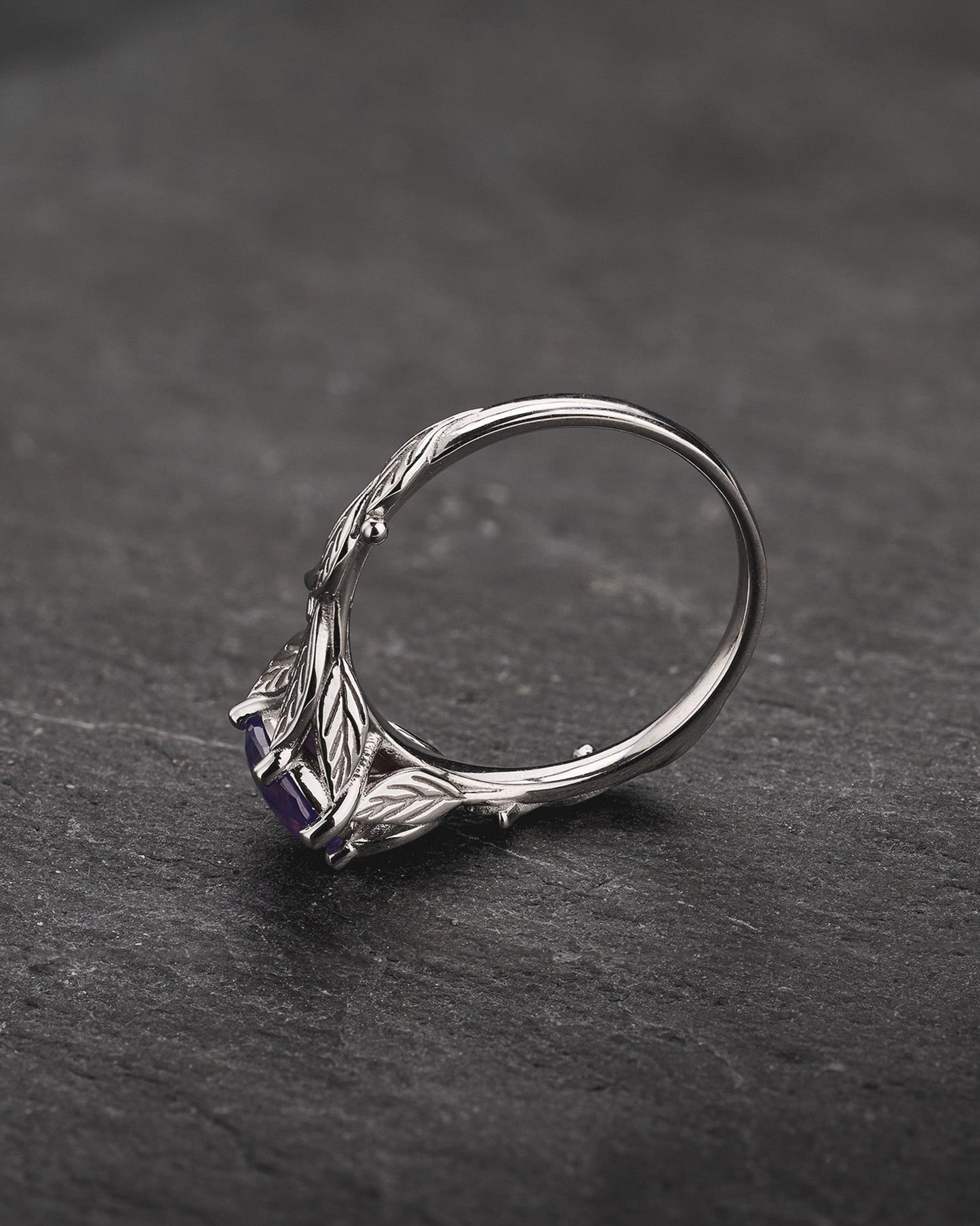 READY TO SHIP Freesia Engagement Ring with Oval Opalescent Pinkish-purple Sapphire, 14K white gold, RING SIZES 5.5 - 8.5 US