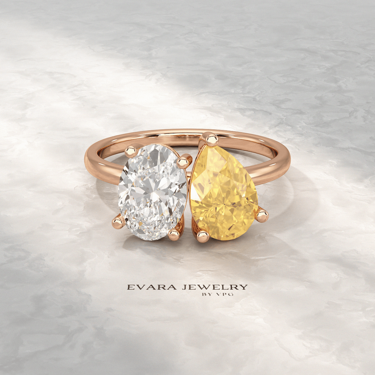 2.25 Carat Oval Diamond & Pear Cut Intense Yellow Diamond Toi Et Moi Two Stone Ring