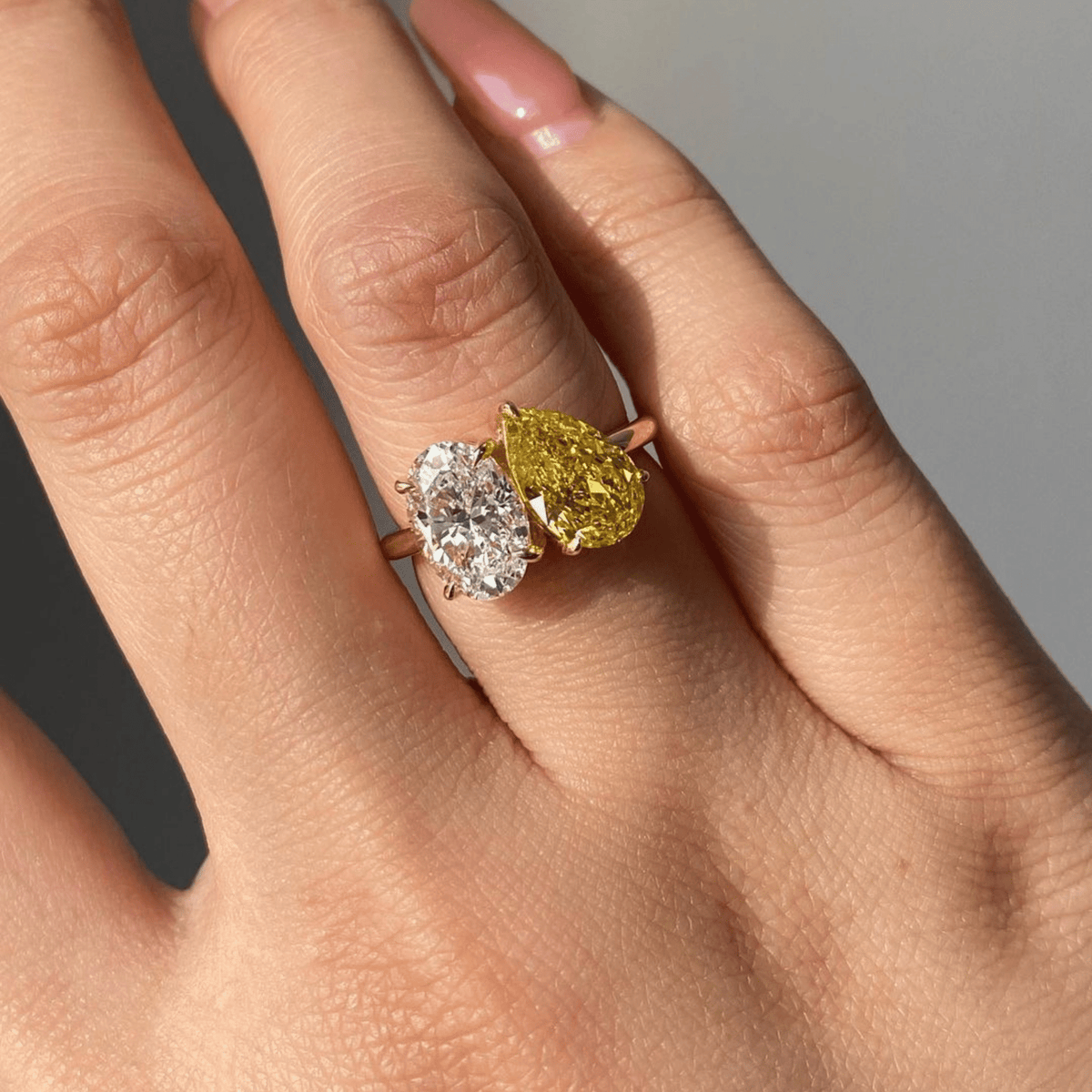 2.25 Carat Oval Diamond & Pear Cut Intense Yellow Diamond Toi Et Moi Two Stone Ring