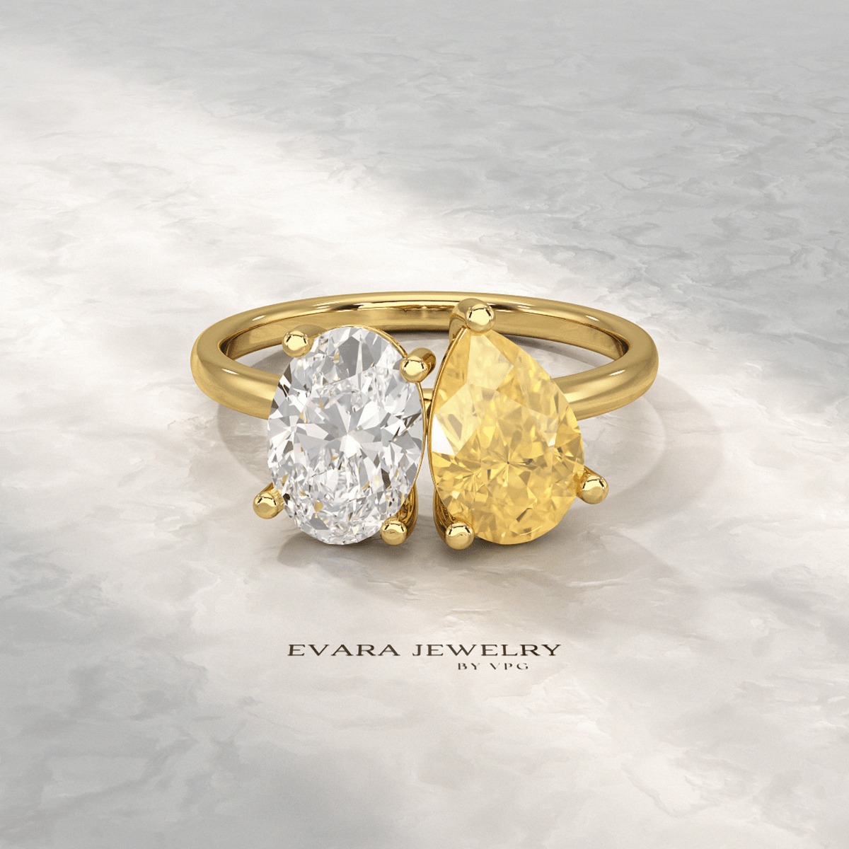 2.25 Carat Oval Diamond & Pear Cut Intense Yellow Diamond Toi Et Moi Two Stone Ring