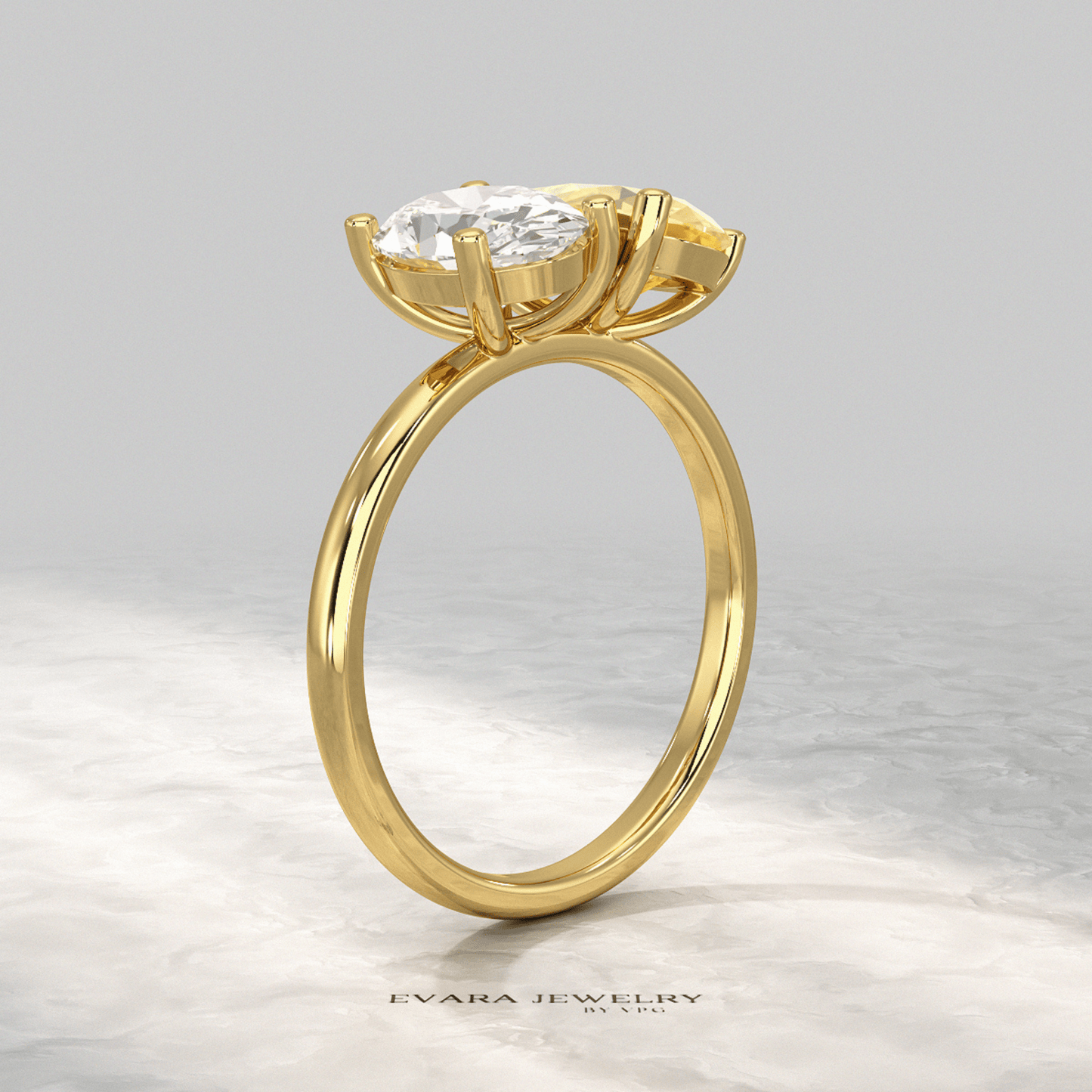 2.25 Carat Oval Diamond & Pear Cut Intense Yellow Diamond Toi Et Moi Two Stone Ring