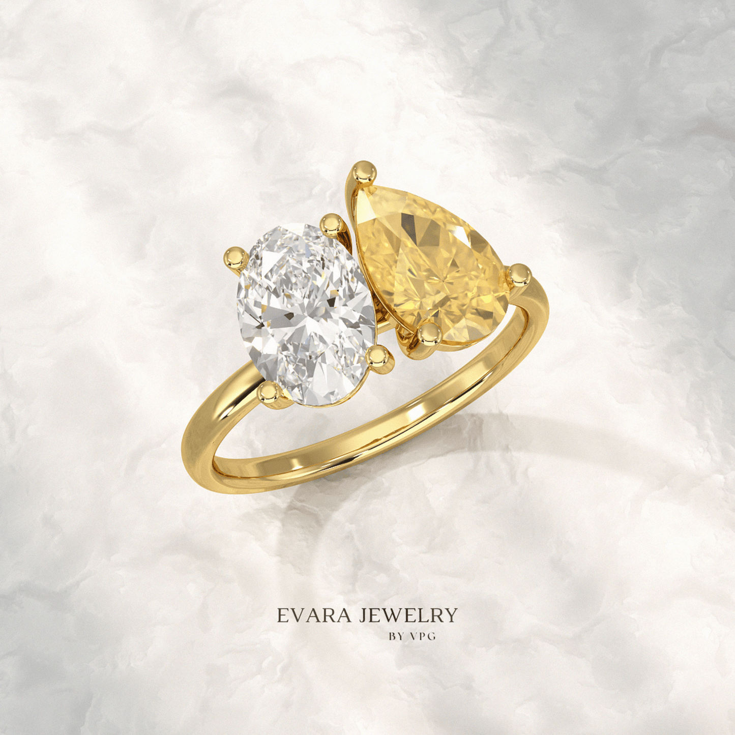 2.25 Carat Oval Diamond & Pear Cut Intense Yellow Diamond Toi Et Moi Two Stone Ring
