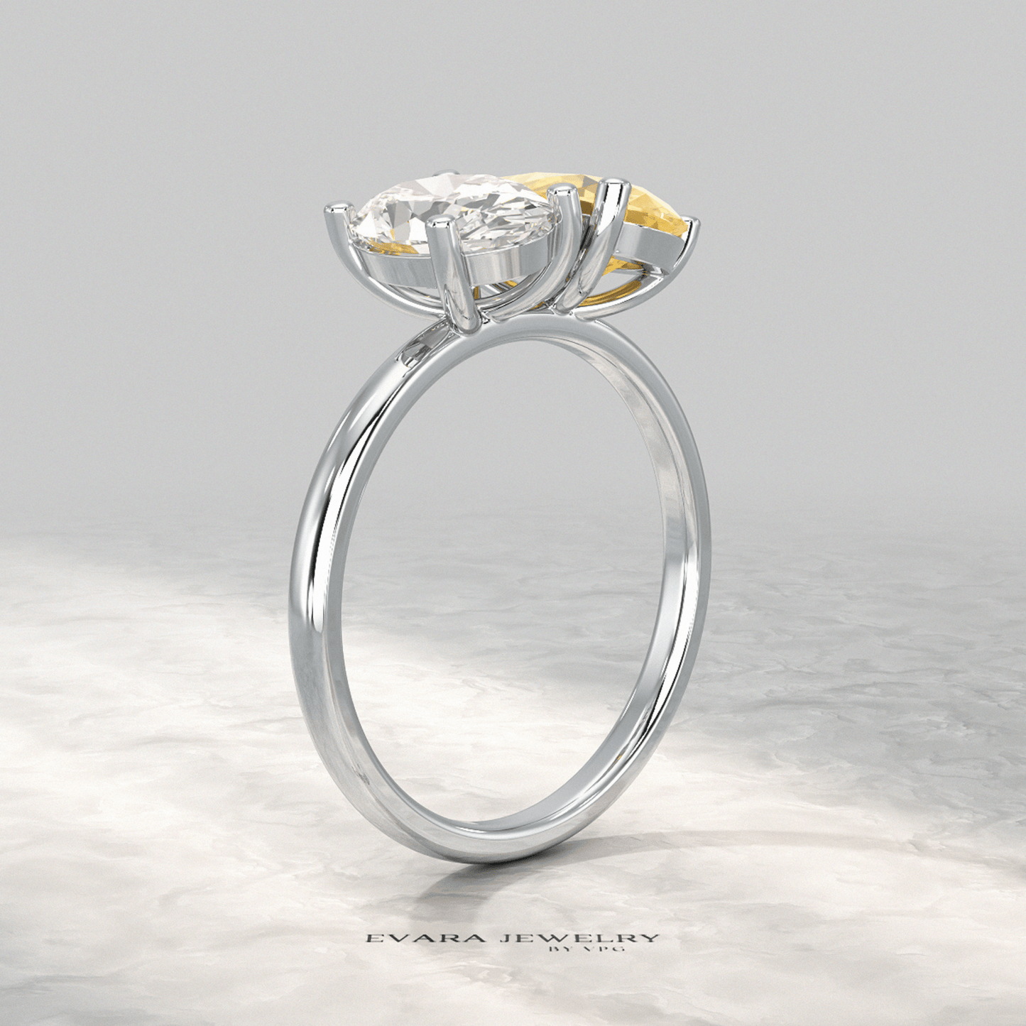 2.25 Carat Oval Diamond & Pear Cut Intense Yellow Diamond Toi Et Moi Two Stone Ring