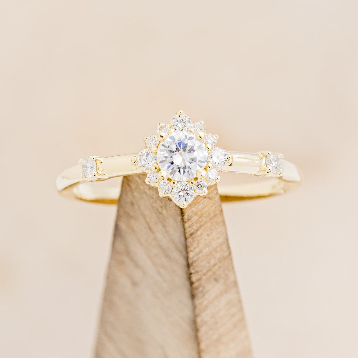 "Starla" - Round Cut Moissanite Engagement Ring With Starburst Diamond Halo