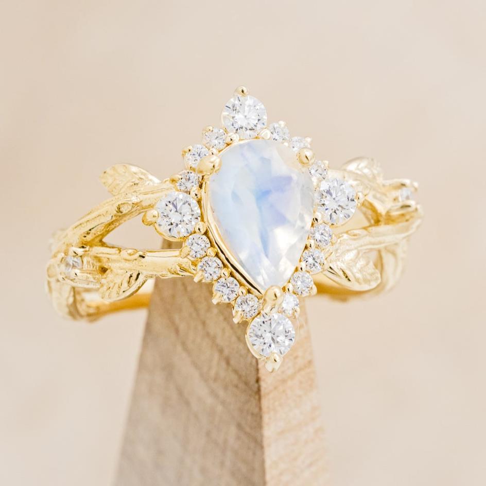 "Artemis On The Vine Divine" - Moonstone Engagement Ring With Diamond Accents & A Branch-Style Band