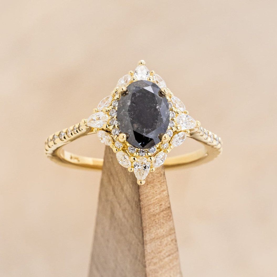 "North Star" - Oval Salt & Pepper Diamond Engagement Ring With Diamond Halo & Accents