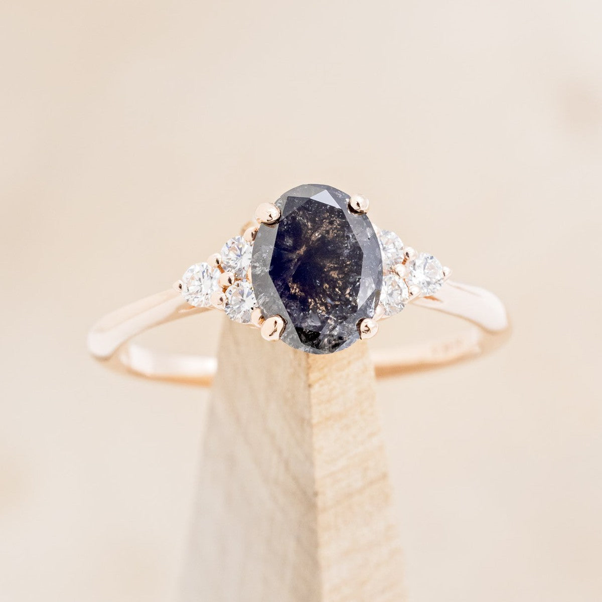 "Rhea" - Oval Cut Salt & Pepper Diamond Engagement Ring With Diamond Accents