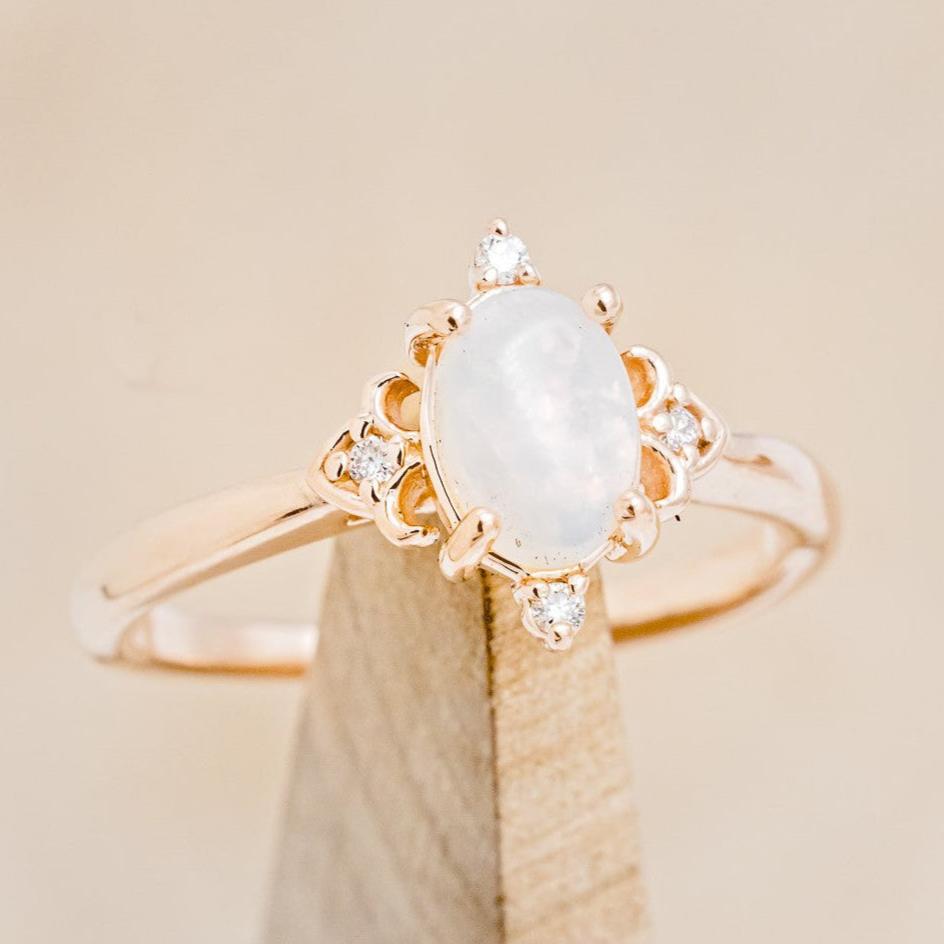 "Zella" - Oval Cabochon Cut White Opal Engagement Ring With Diamond Accents