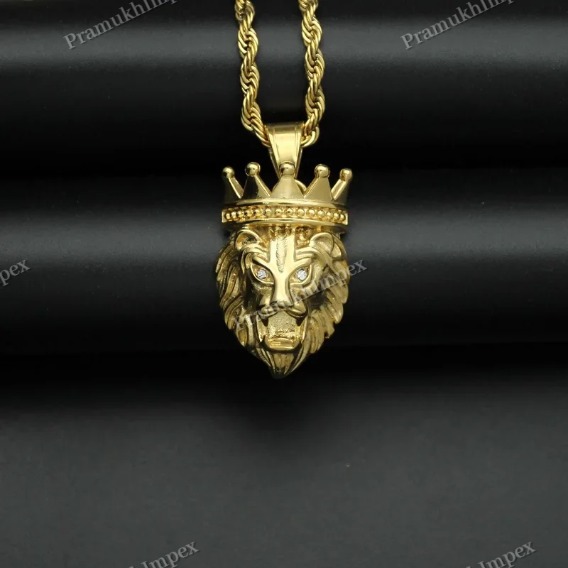 Customized Two tone Crowned Lion Head Pendant For Men's