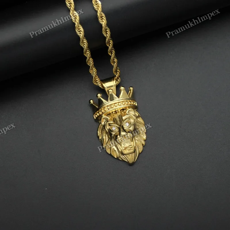 Customized Two tone Crowned Lion Head Pendant For Men's