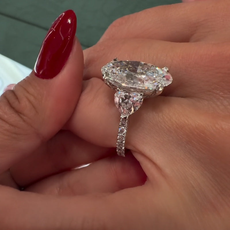 Breathtaking Three-Stone Pave Oval Cut 10.0ct Engagement Ring