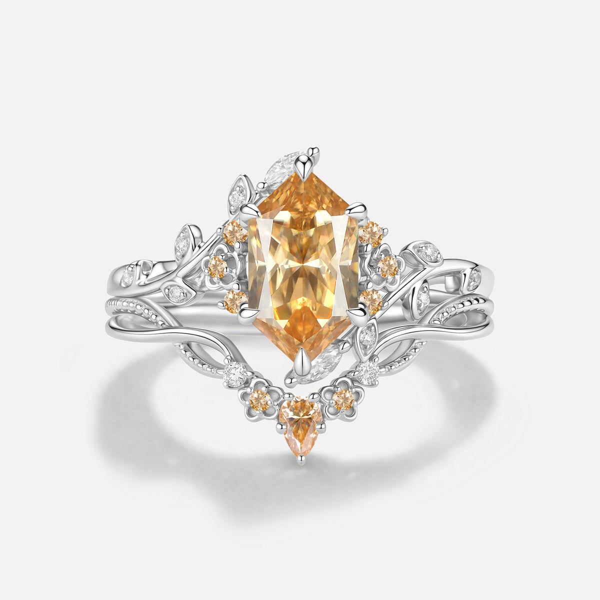 Luminous Reverie - Dutch Marquise Champagne Moissanite Flower Vintage Engagement Ring Sets - Verity