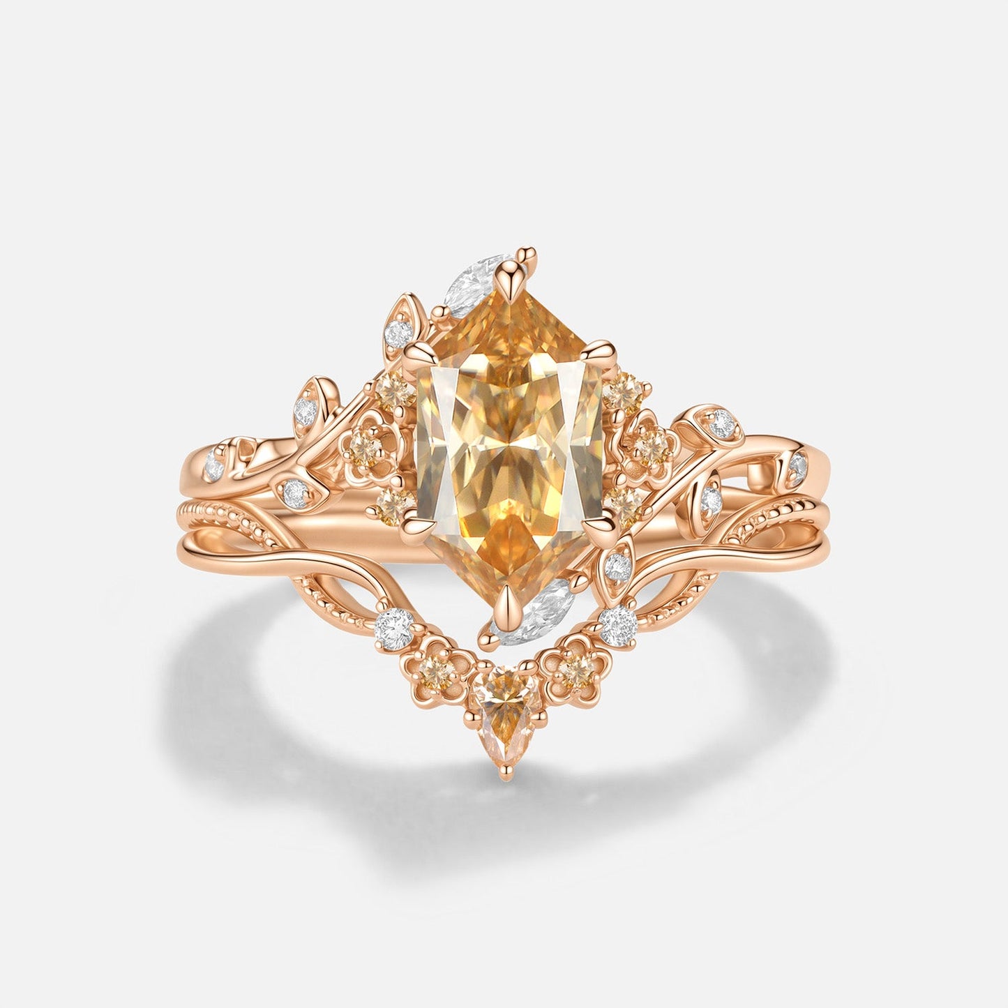 Luminous Reverie - Dutch Marquise Champagne Moissanite Flower Vintage Engagement Ring Sets - Verity