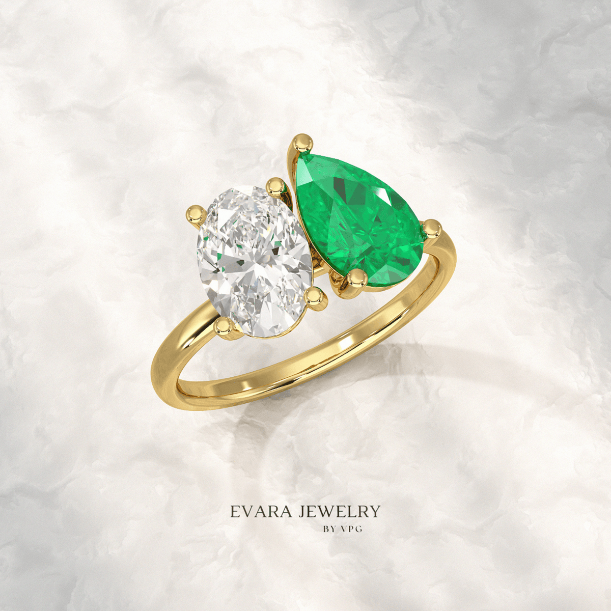 2.30 Carat Oval Cut Diamond & Pear Cut Emerald Toi Et Moi Two Stone Ring