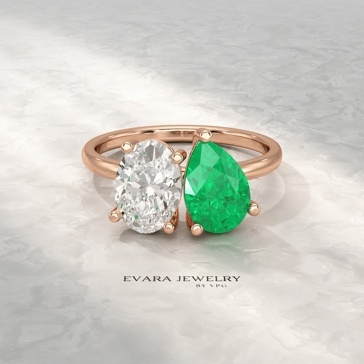 2.30 Carat Oval Cut Diamond & Pear Cut Emerald Toi Et Moi Two Stone Ring