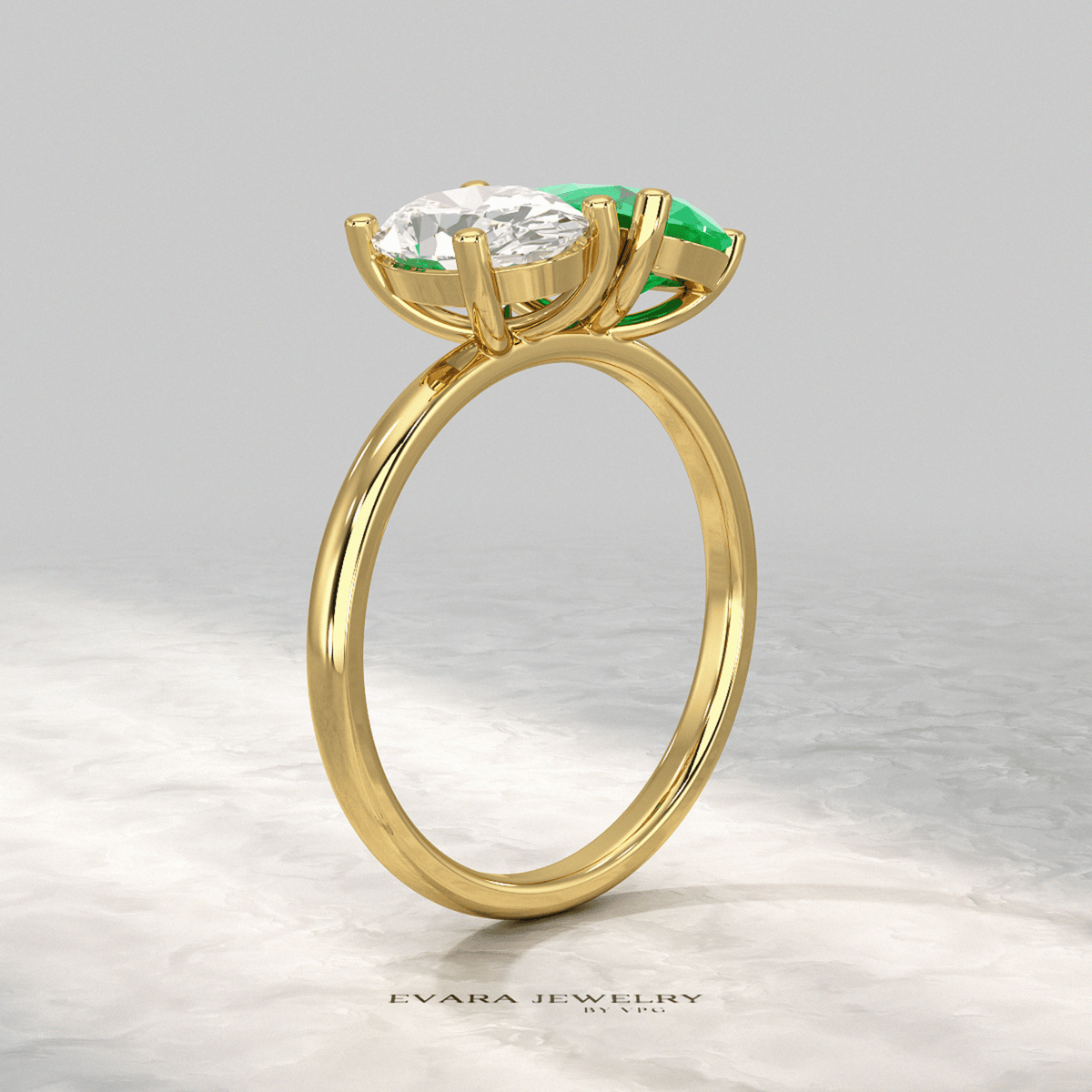 2.30 Carat Oval Cut Diamond & Pear Cut Emerald Toi Et Moi Two Stone Ring