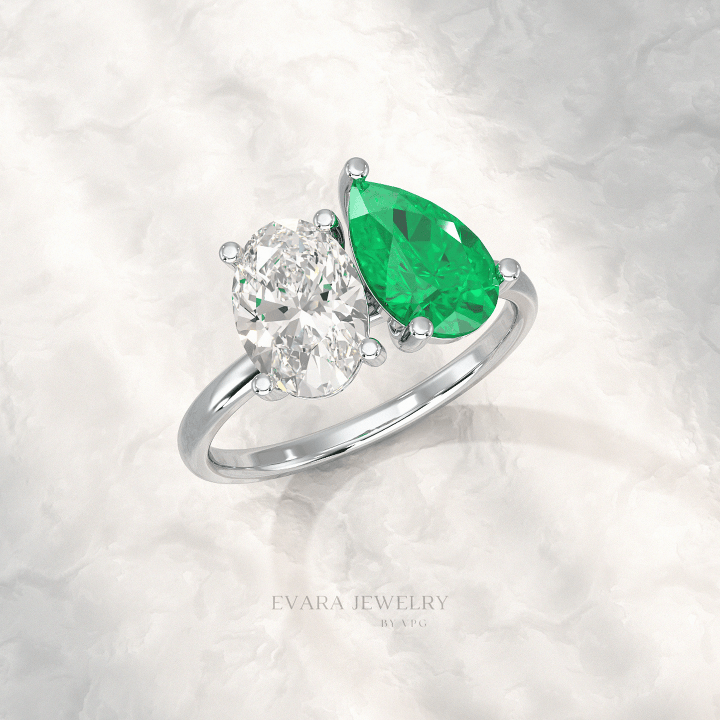 2.30 Carat Oval Cut Diamond & Pear Cut Emerald Toi Et Moi Two Stone Ring