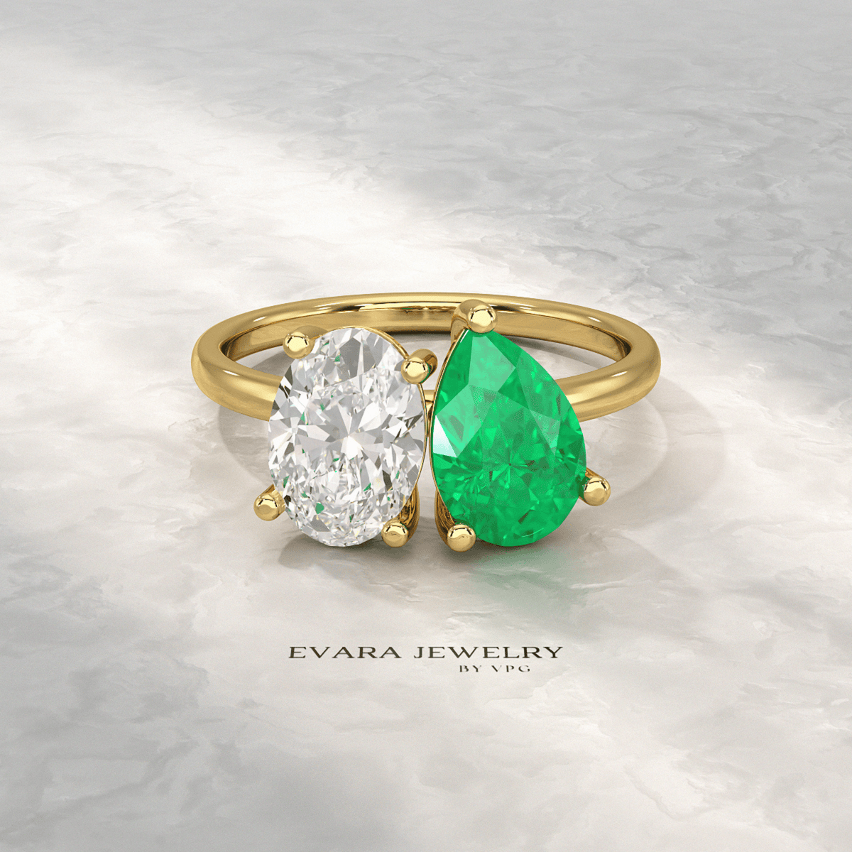 2.30 Carat Oval Cut Diamond & Pear Cut Emerald Toi Et Moi Two Stone Ring
