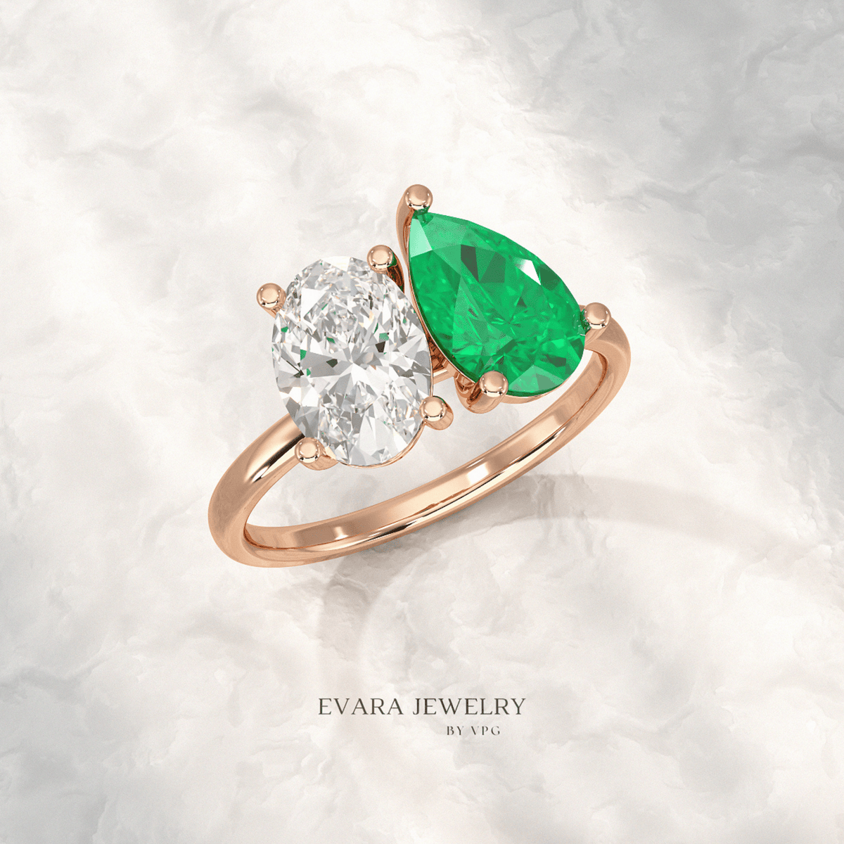 2.30 Carat Oval Cut Diamond & Pear Cut Emerald Toi Et Moi Two Stone Ring