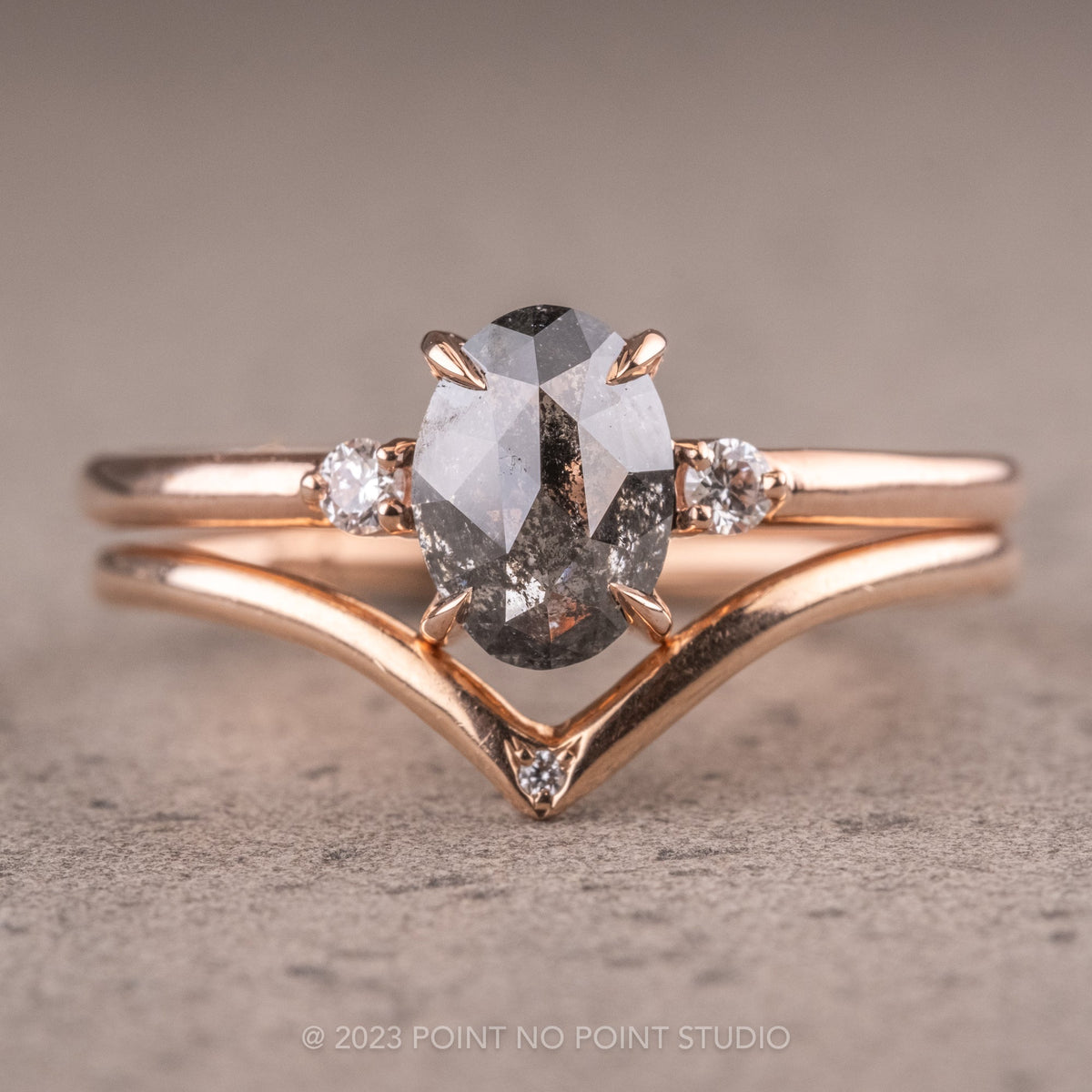 1.10 Carat Salt and Pepper Oval Diamond Engagement Ring, Zoe Setting, 14K Rose Gold
