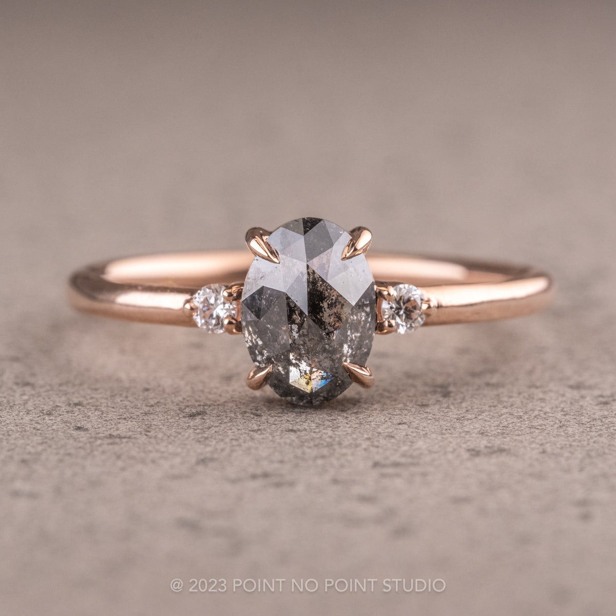 1.10 Carat Salt and Pepper Oval Diamond Engagement Ring, Zoe Setting, 14K Rose Gold