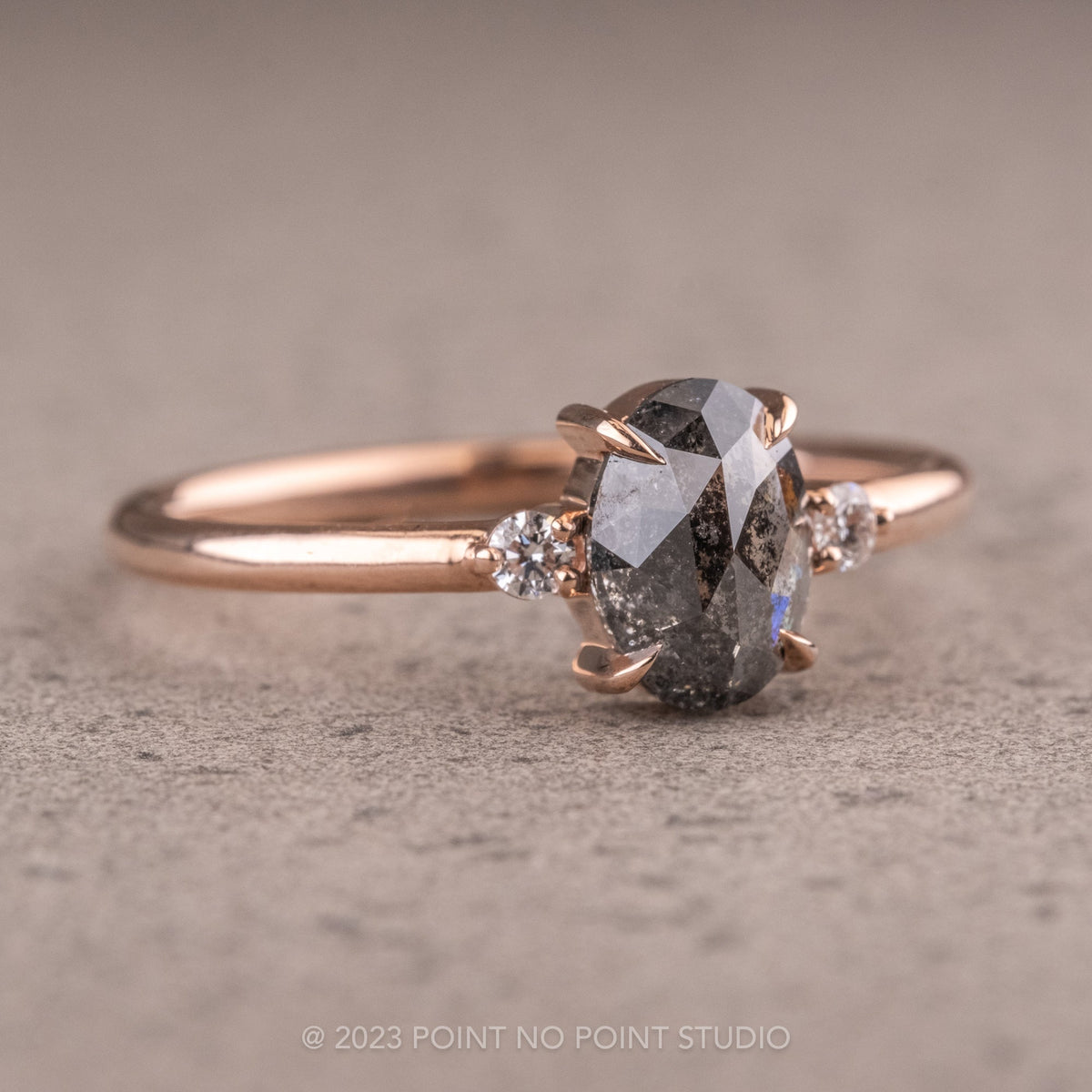 1.10 Carat Salt and Pepper Oval Diamond Engagement Ring, Zoe Setting, 14K Rose Gold